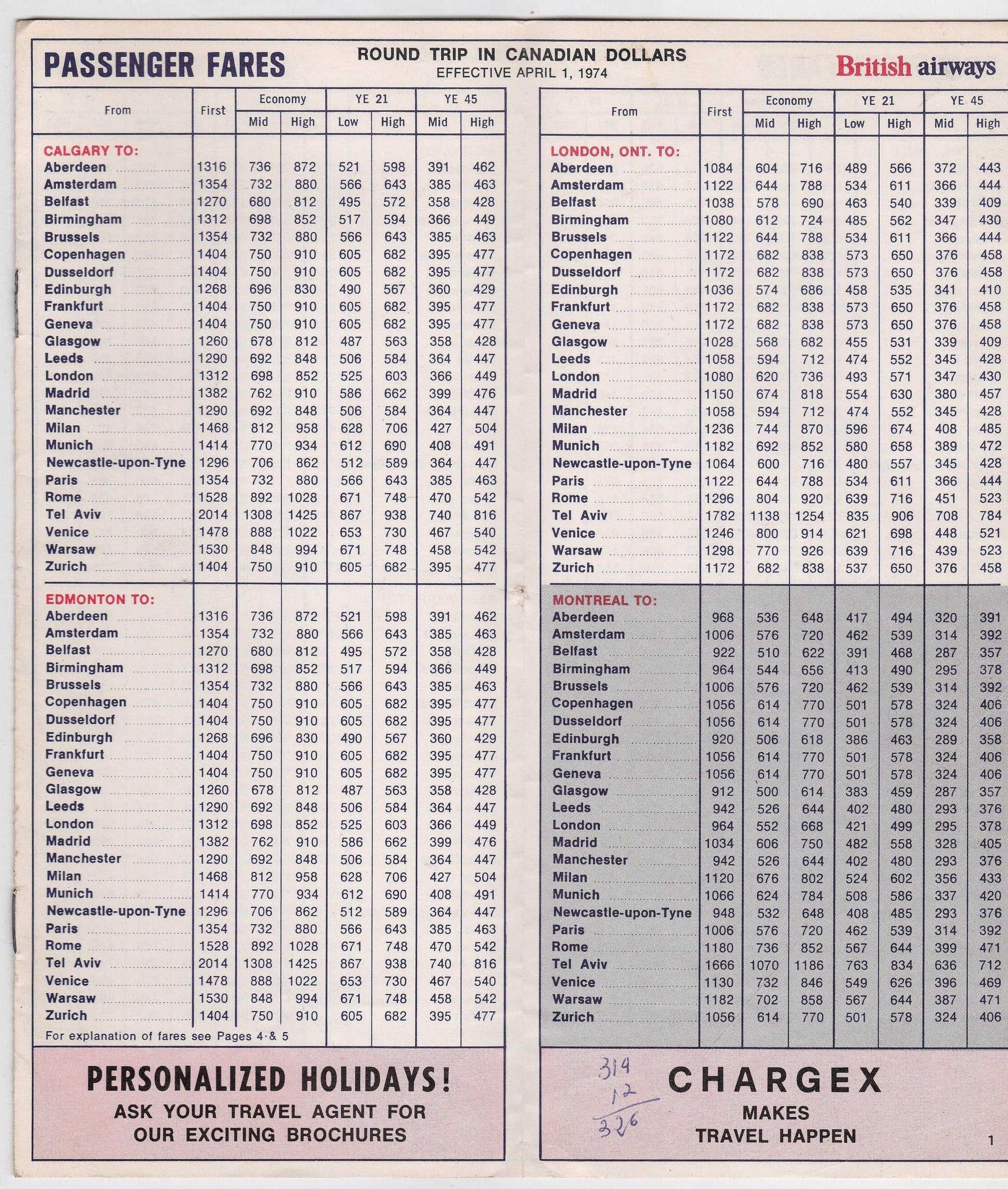 British Airways 1974 Canada Europe Fares Guide and Travel Planner - TulipStuff