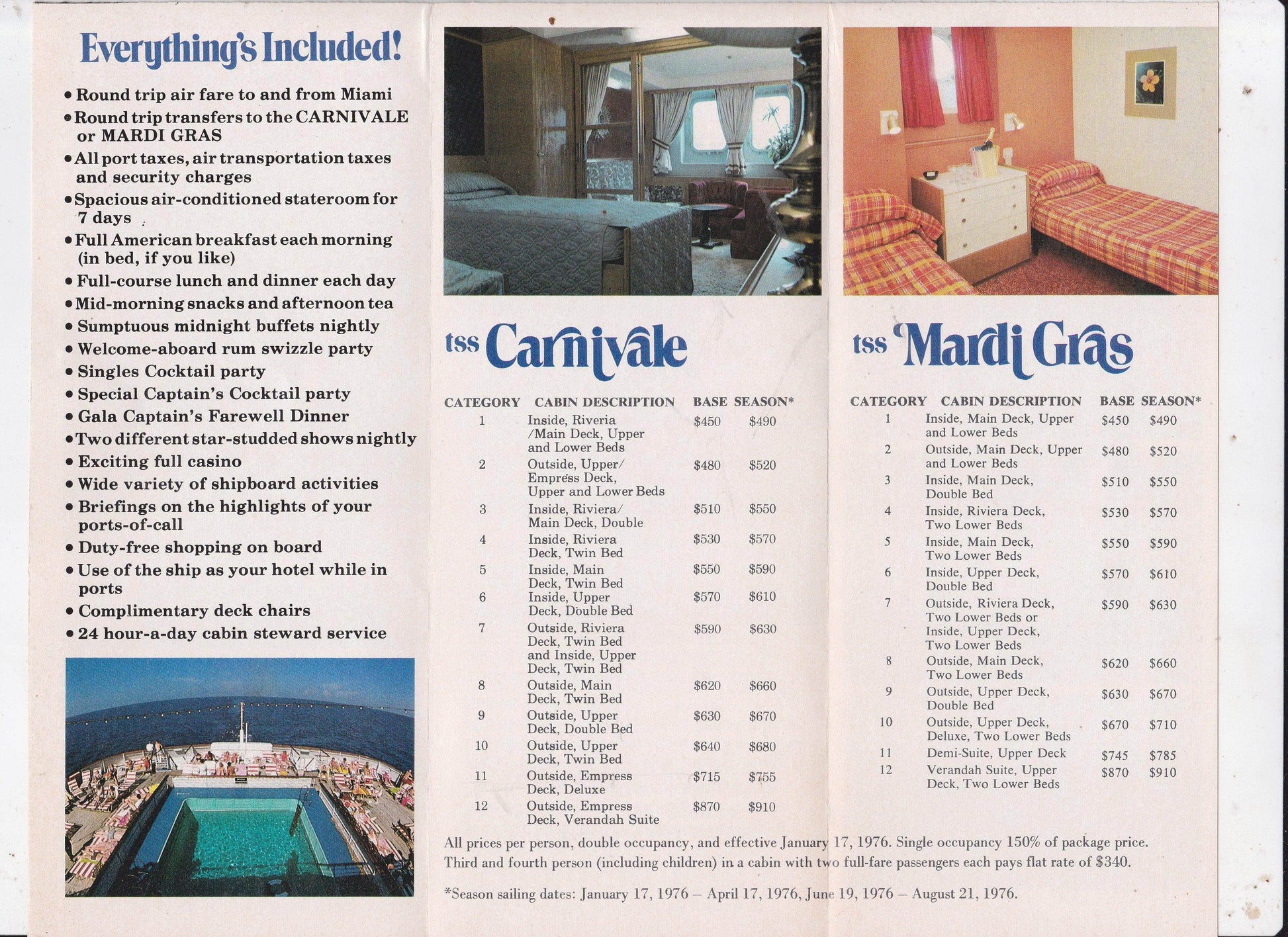 Carnival Cruises tss Mardi Gras tss Carnivale 1976 Fly/Cruise Brochure - TulipStuff