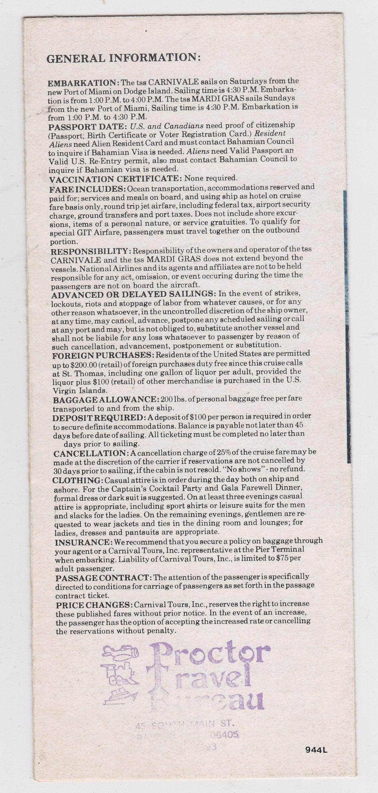 Carnival Cruises tss Mardi Gras tss Carnivale 1976 Fly/Cruise Brochure - TulipStuff