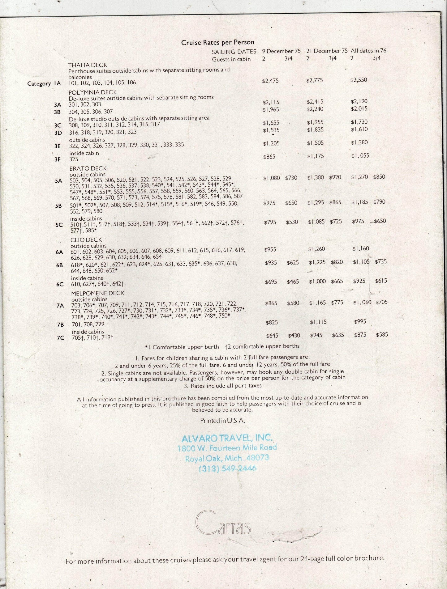 Carras Cruises mts Daphne 1975-76 Mexico Jamaica Cruise Brochure - TulipStuff