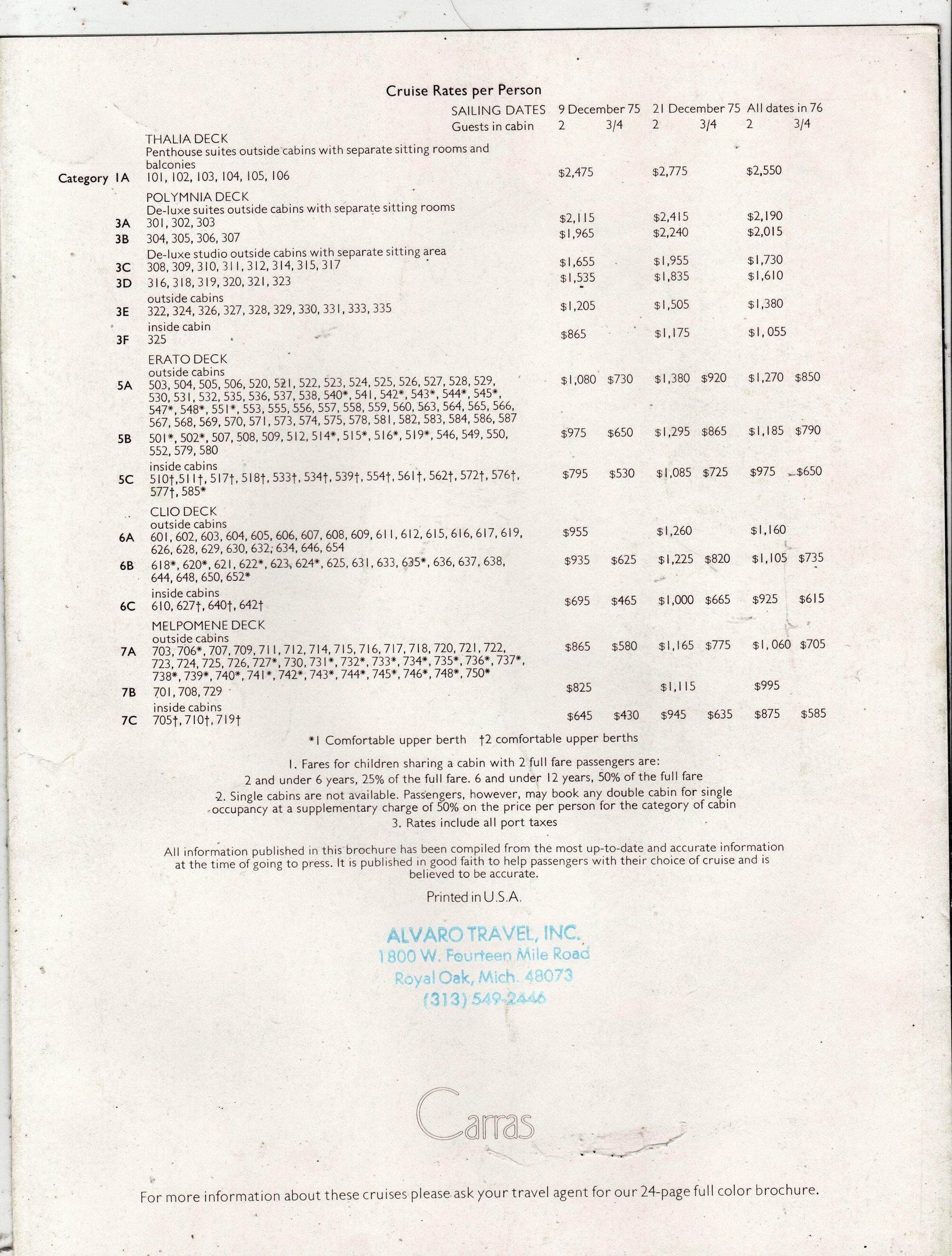 Carras Cruises mts Daphne 1975-76 Mexico Jamaica Cruise Brochure - TulipStuff