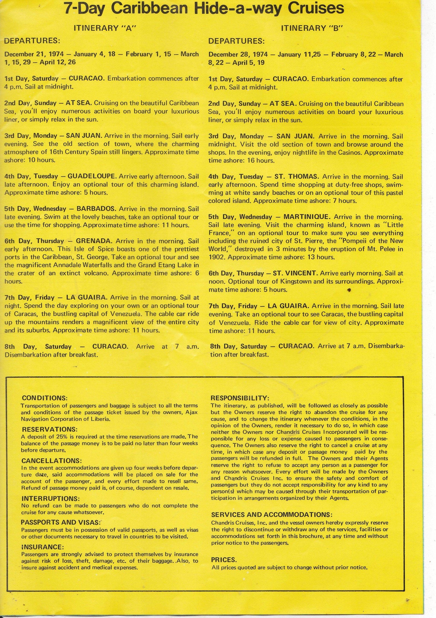 Chandris Cruises SS Britanis 1974-1975 Caribbean 7-Day Cruises Brochure - TulipStuff