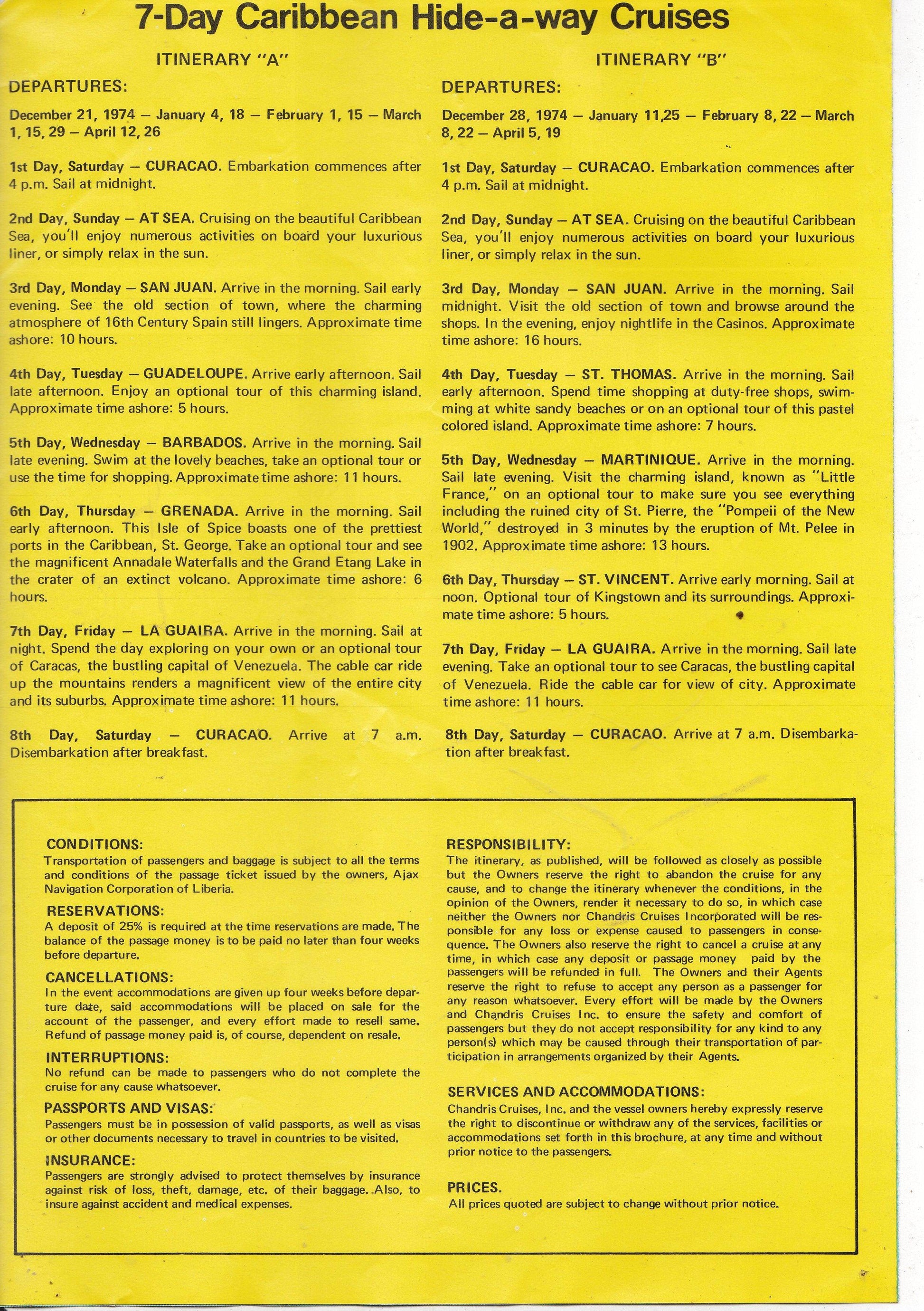 Chandris Cruises SS Britanis 1974-1975 Caribbean 7-Day Cruises Brochure - TulipStuff
