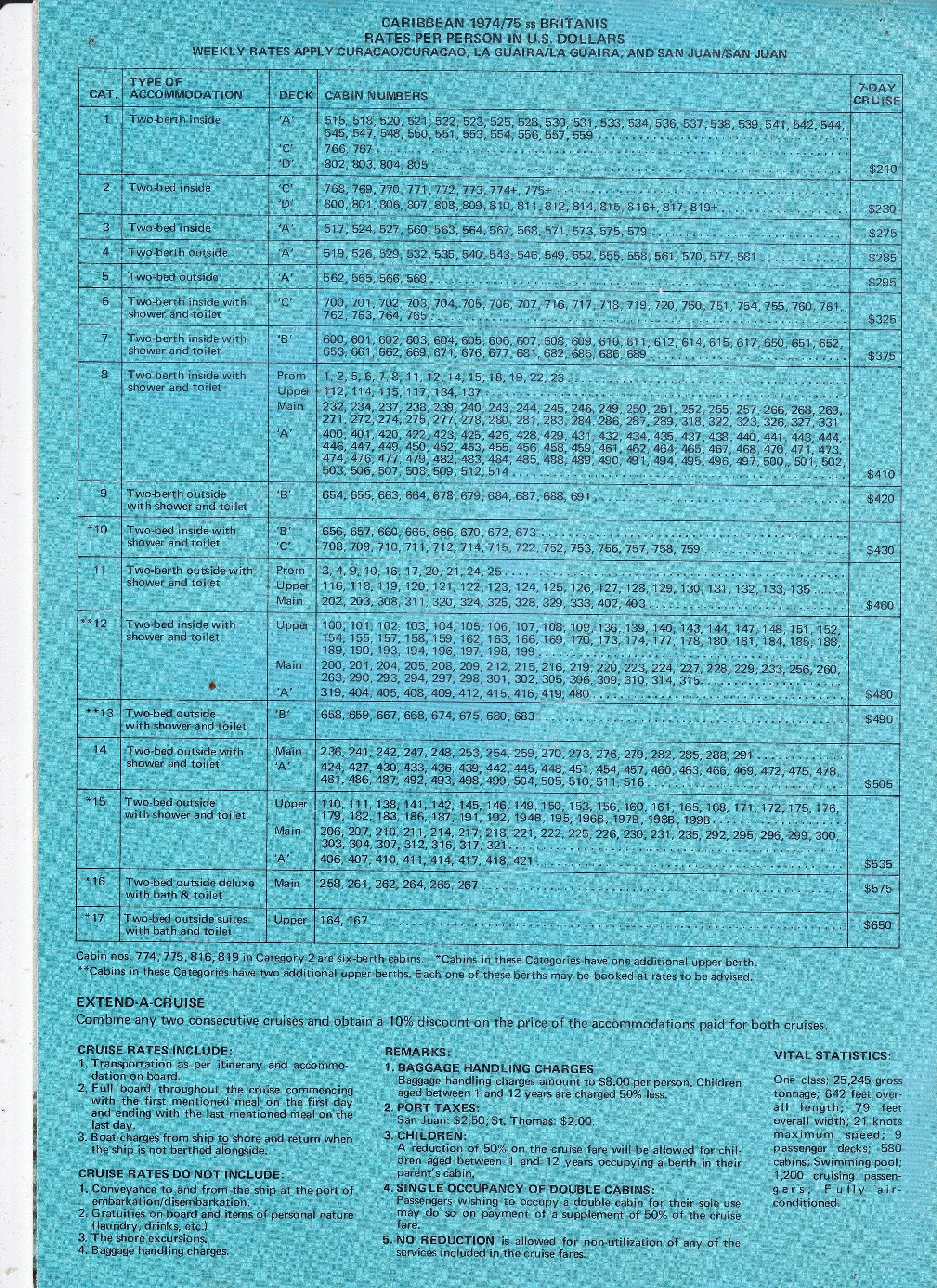 Chandris Cruises SS Britanis 1974-1975 Caribbean 7-Day Cruises Brochure - TulipStuff
