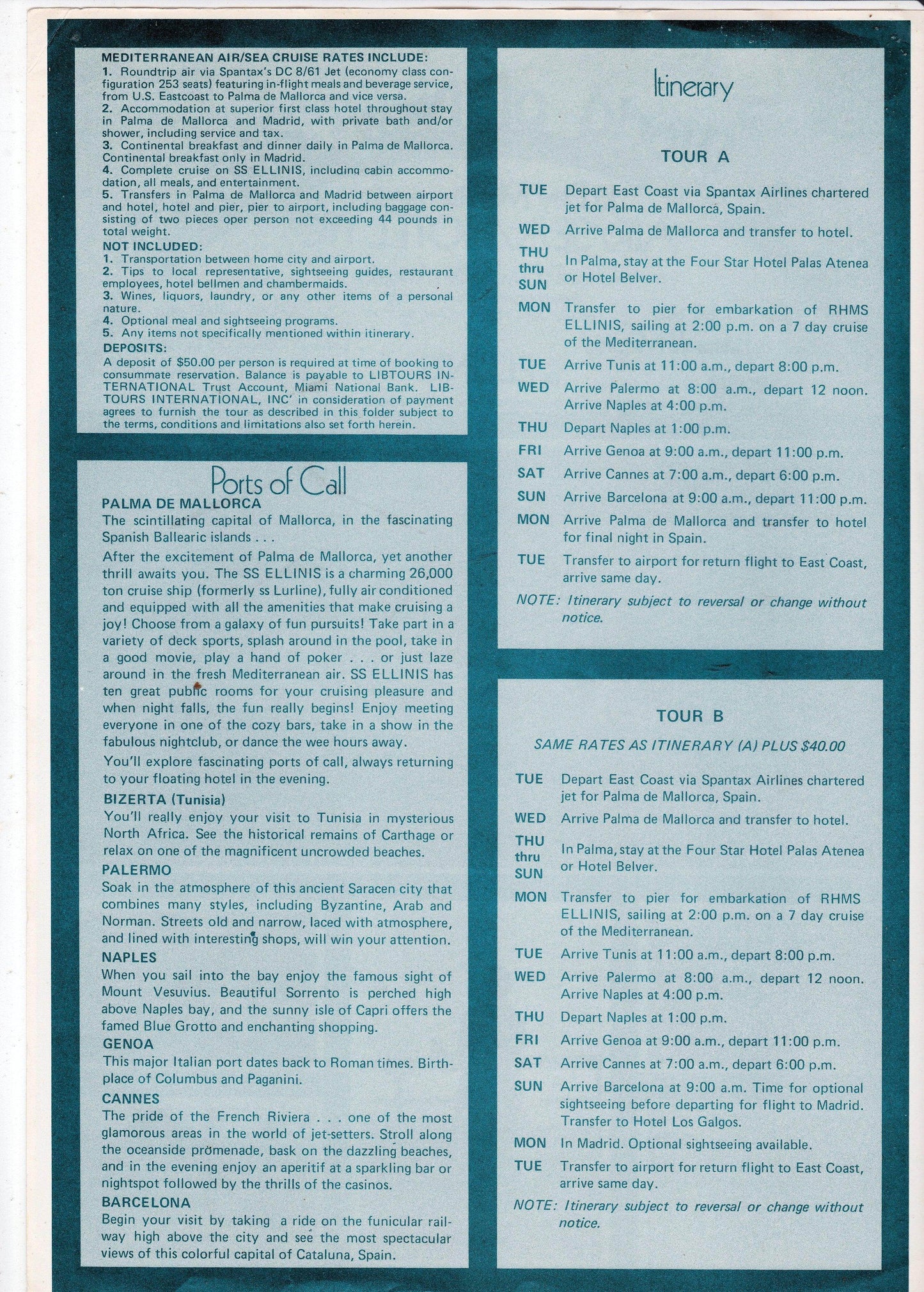 Chandris Lines SS Ellinis 1975 Air/Sea Mediterranean Cruise Brochure - TulipStuff