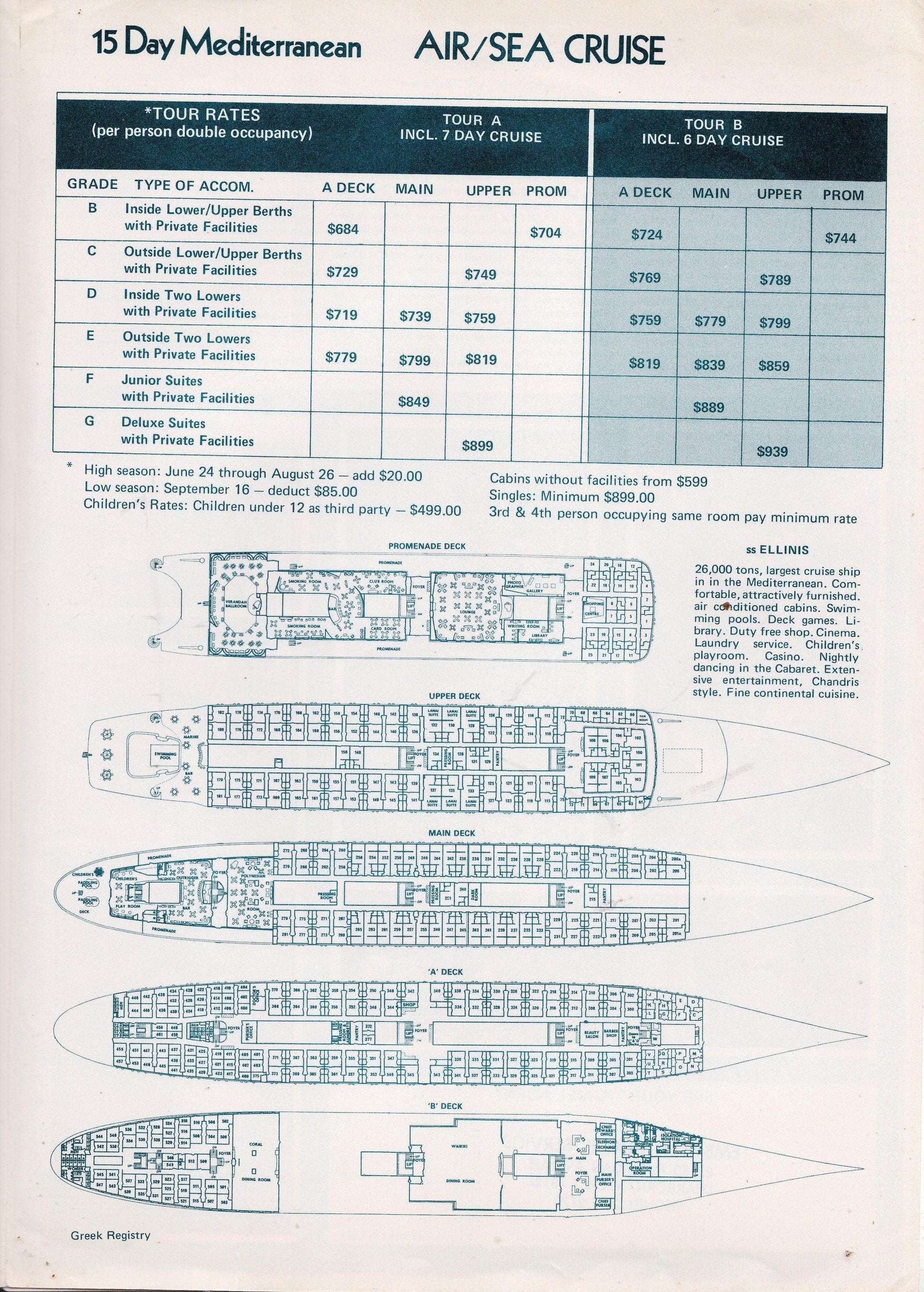 Chandris Lines SS Ellinis 1975 Air/Sea Mediterranean Cruise Brochure - TulipStuff