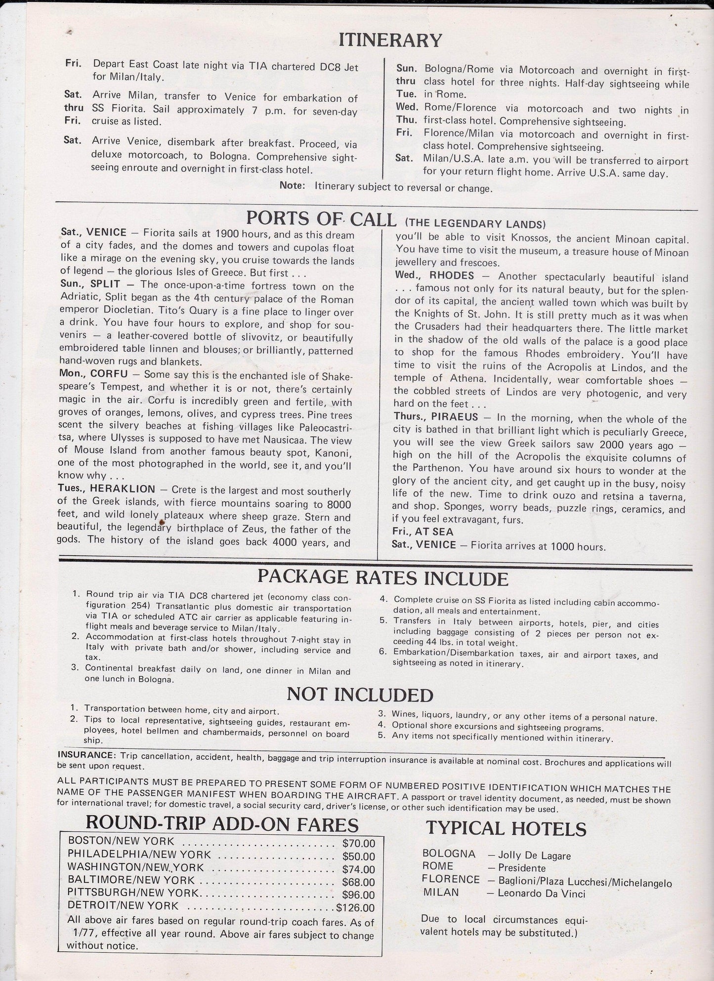 Chandris Lines TSS Fiorita 1976-77 Air/Sea Italy Aegean Cruise Brochure - TulipStuff