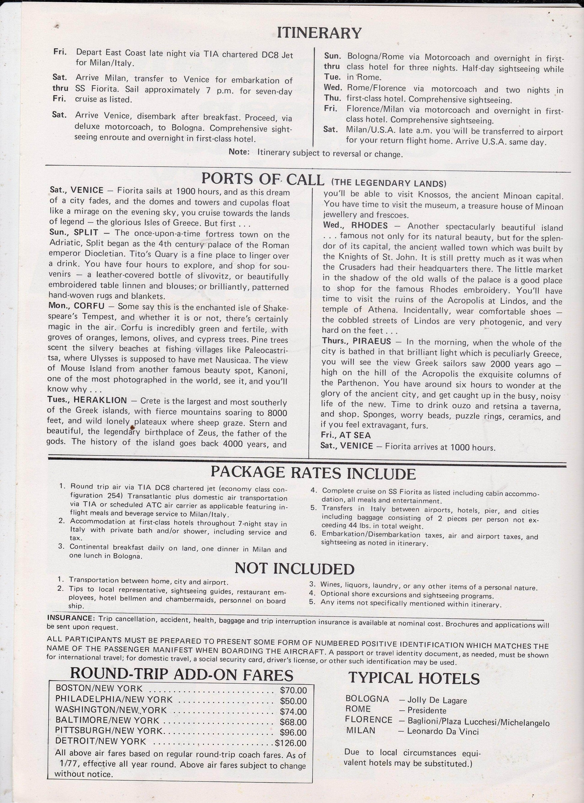 Chandris Lines TSS Fiorita 1976-77 Air/Sea Italy Aegean Cruise Brochure - TulipStuff