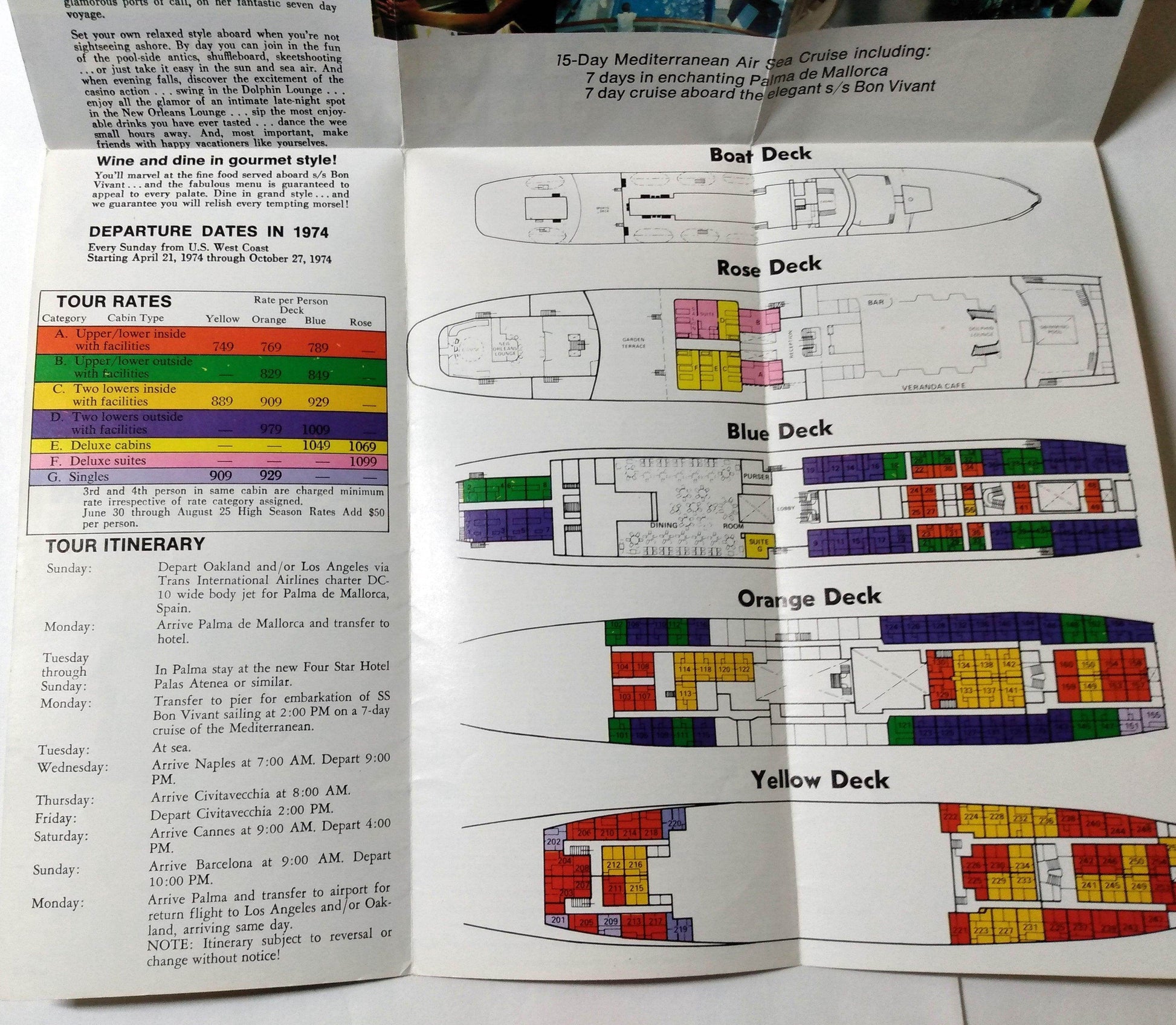Chandris Flagship Cruises 1974 ss Bon Vivant Cruise Brochure - TulipStuff