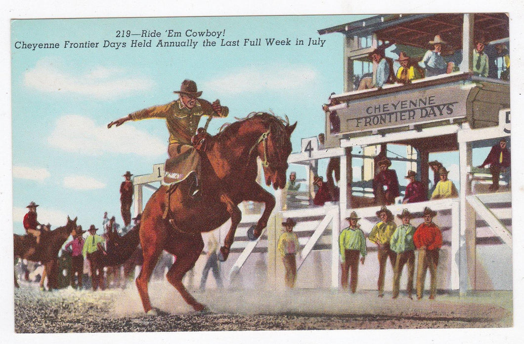 Cheyenne Frontier Days Rodeo Cowboys Wyoming 1940's Linen Postcard - TulipStuff