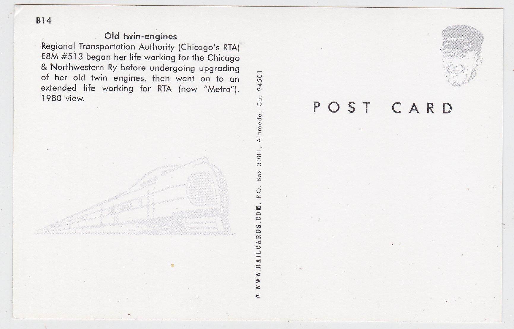 Chicago RTA Commuter Train And E8M Locomotive Postcard - TulipStuff