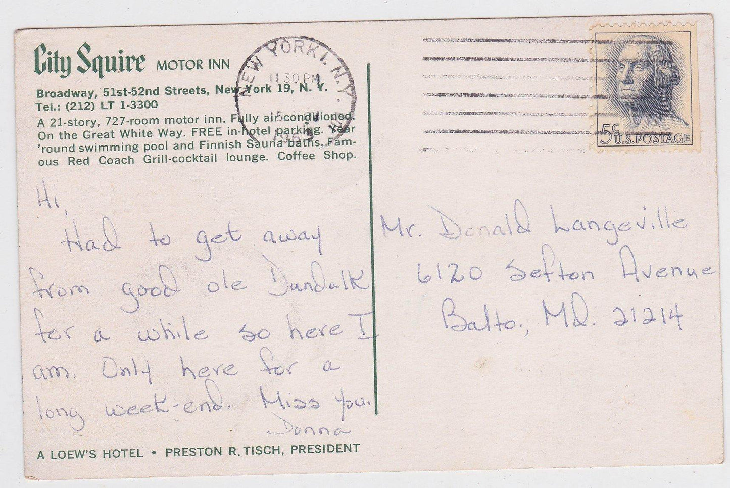 Loew's City Squire Motor Inn Broadway 51st 52nd New York City Postcard - TulipStuff