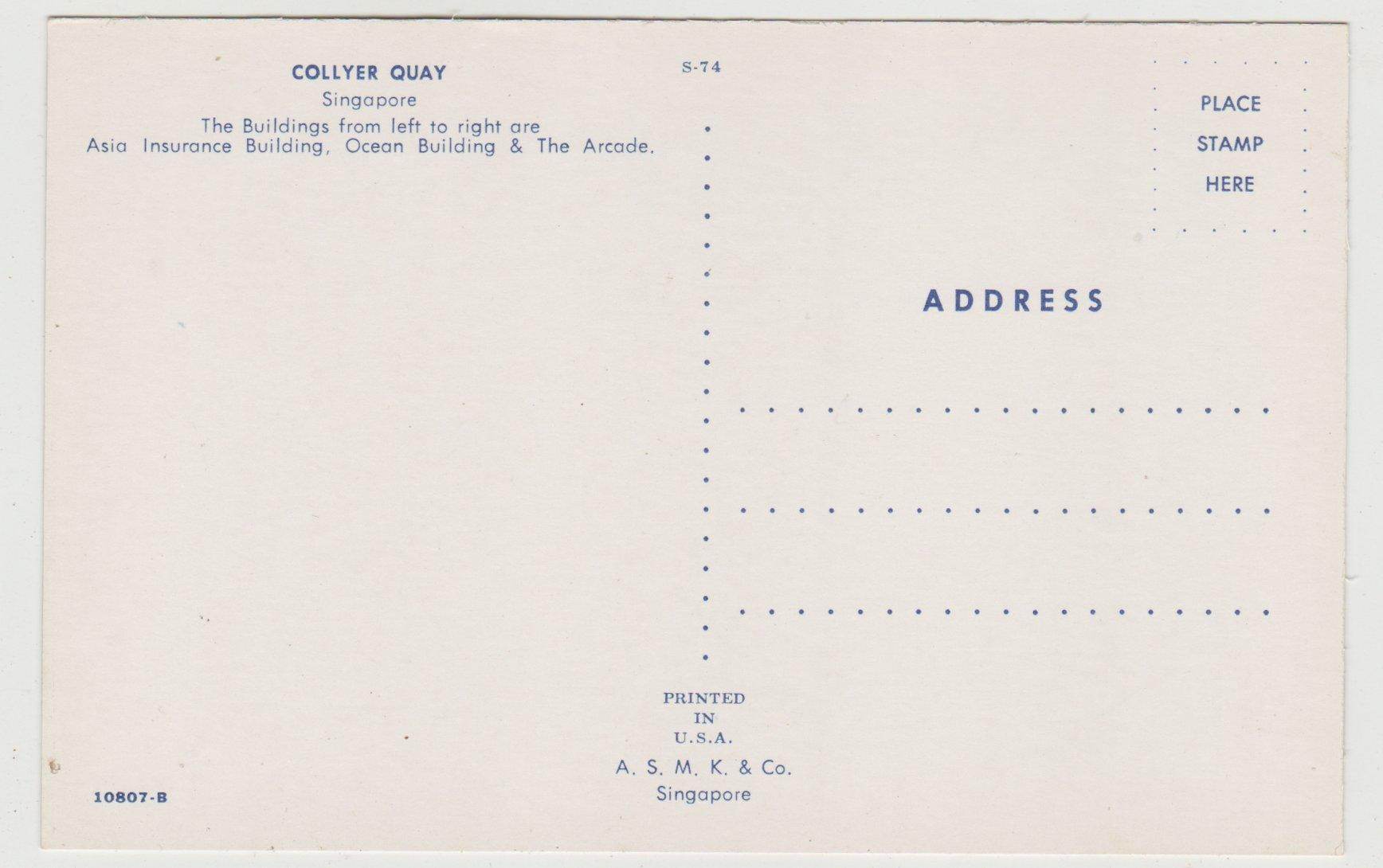 Collyer Quay Singapore Late 1950's Early 1960's Postcard - TulipStuff