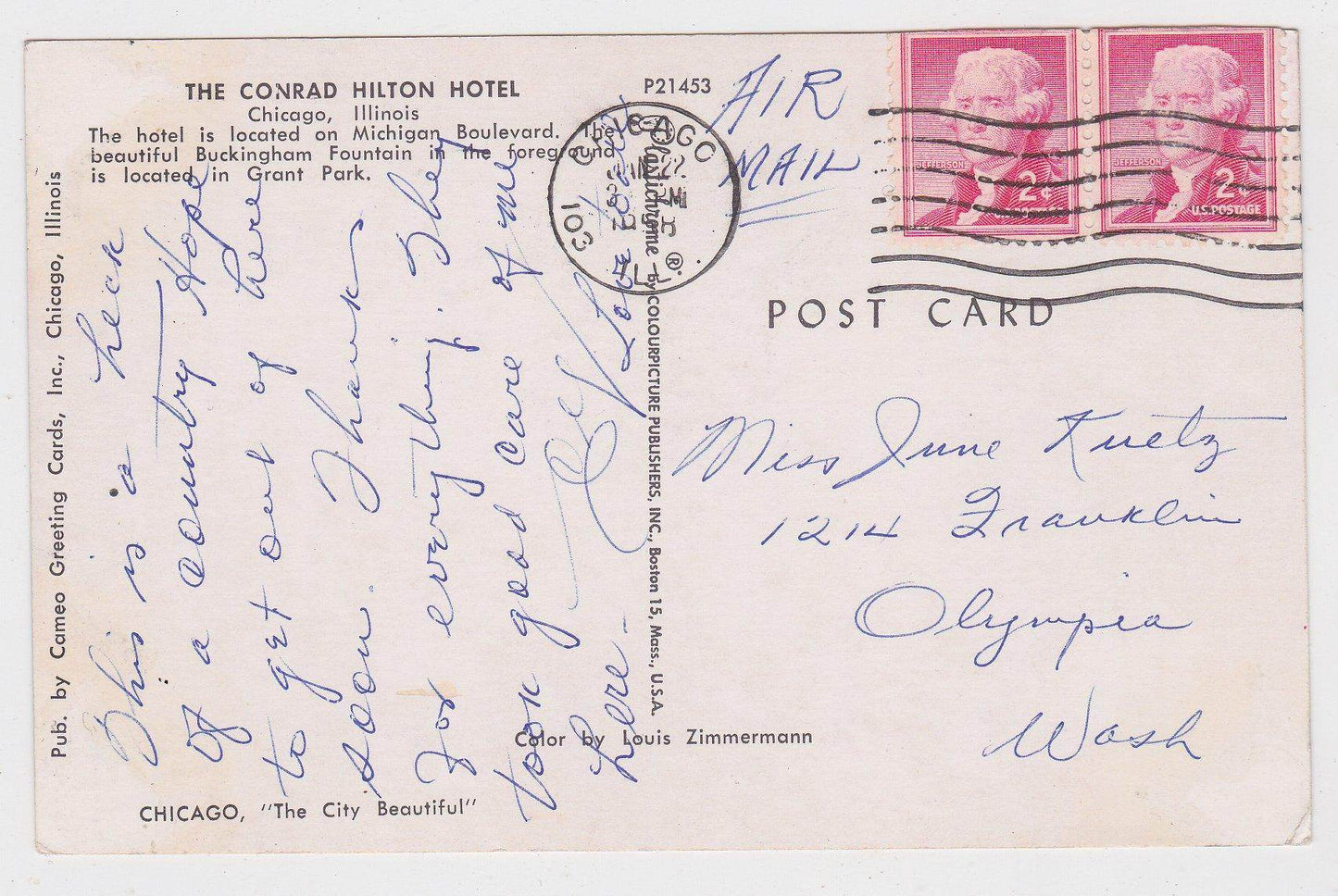 Conrad Hilton Hotel Grant Park Fountain Chicago Illinois 1958 - TulipStuff