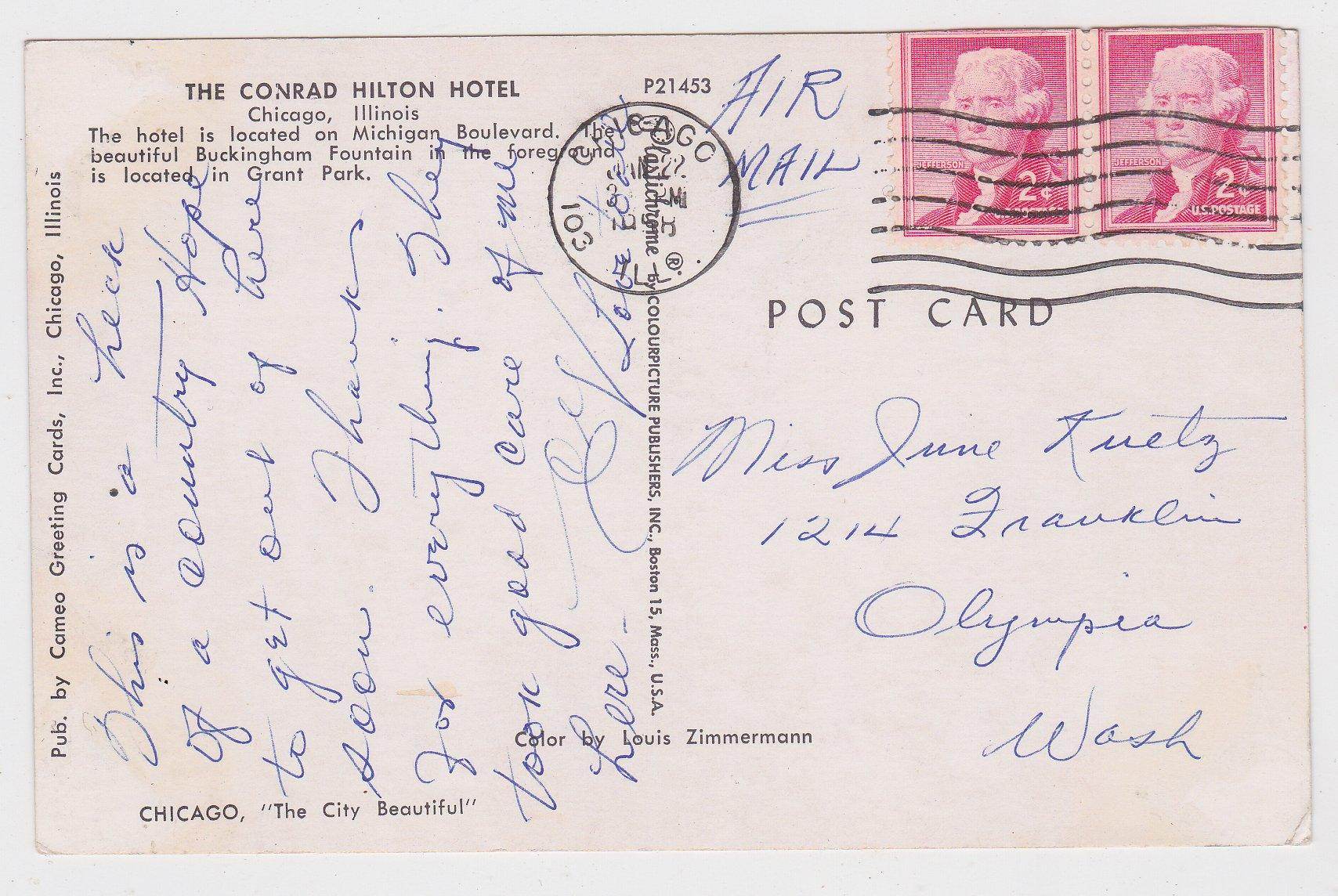 Conrad Hilton Hotel Grant Park Fountain Chicago Illinois 1958 - TulipStuff