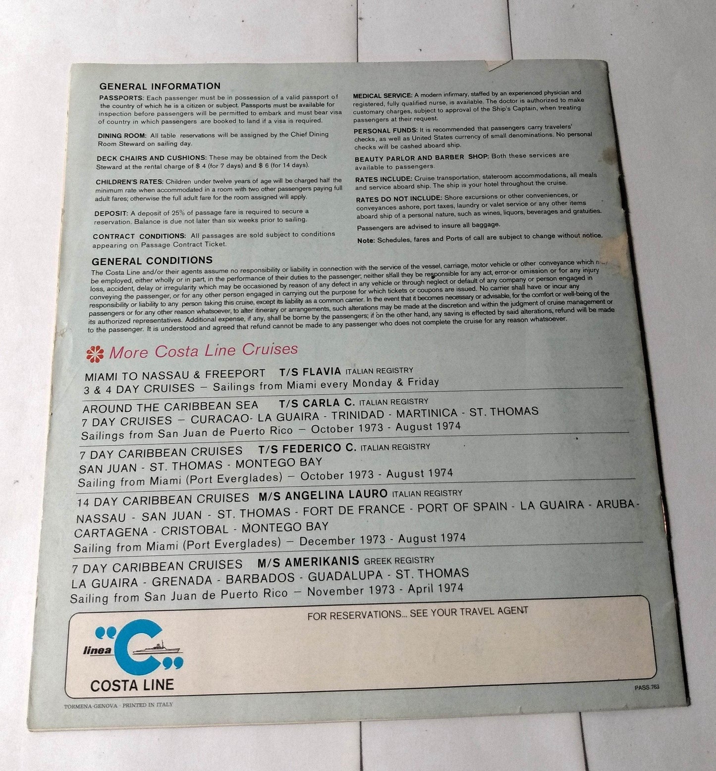 Costa Line Andrea C - Franca C - Enrico C 1974 Cruise Brochure - TulipStuff