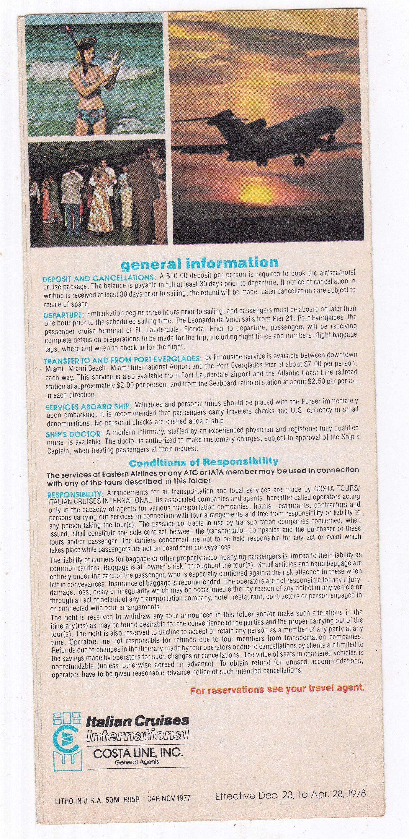 Costa Line Italian Cruises Intl TSS Leonardo Da Vinci 1977-78 Brochure - TulipStuff