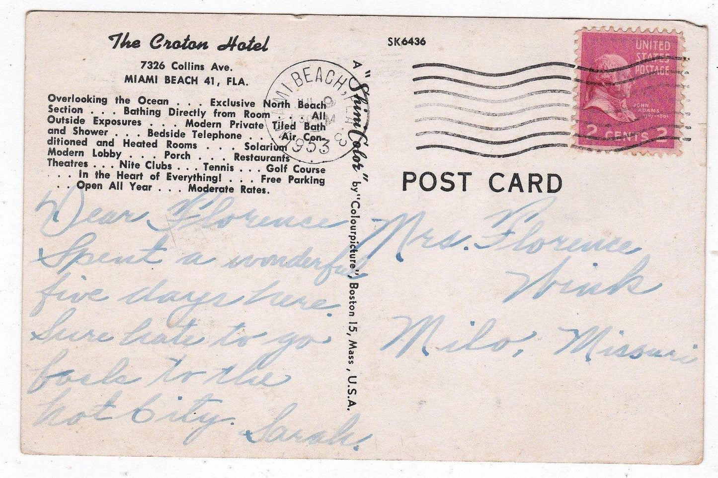 The Croton Hotel Miami Beach Florida Collins Ave 1953 Postcard - TulipStuff