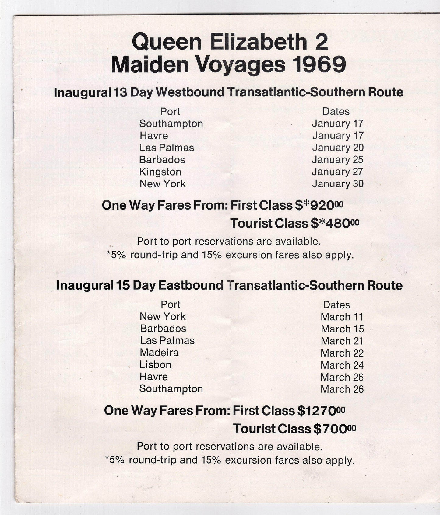 Cunard Line 1969 Timetable and Fares Queen Elizabeth 2 Maiden Voyage - TulipStuff