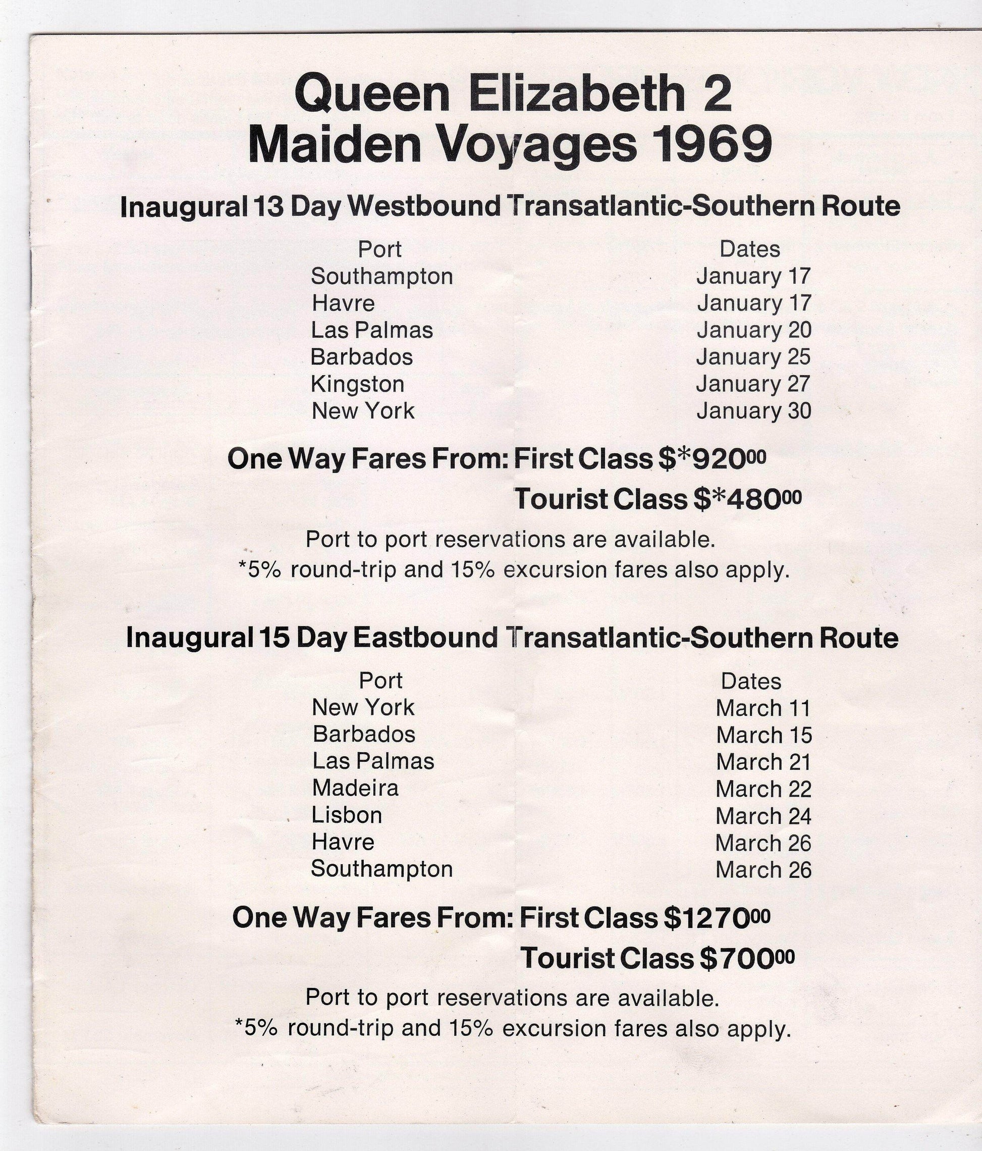 Cunard Line 1969 Timetable and Fares Queen Elizabeth 2 Maiden Voyage - TulipStuff