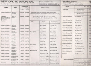 Cunard Line 1969 Timetable and Fares Queen Elizabeth 2 Maiden Voyage - TulipStuff