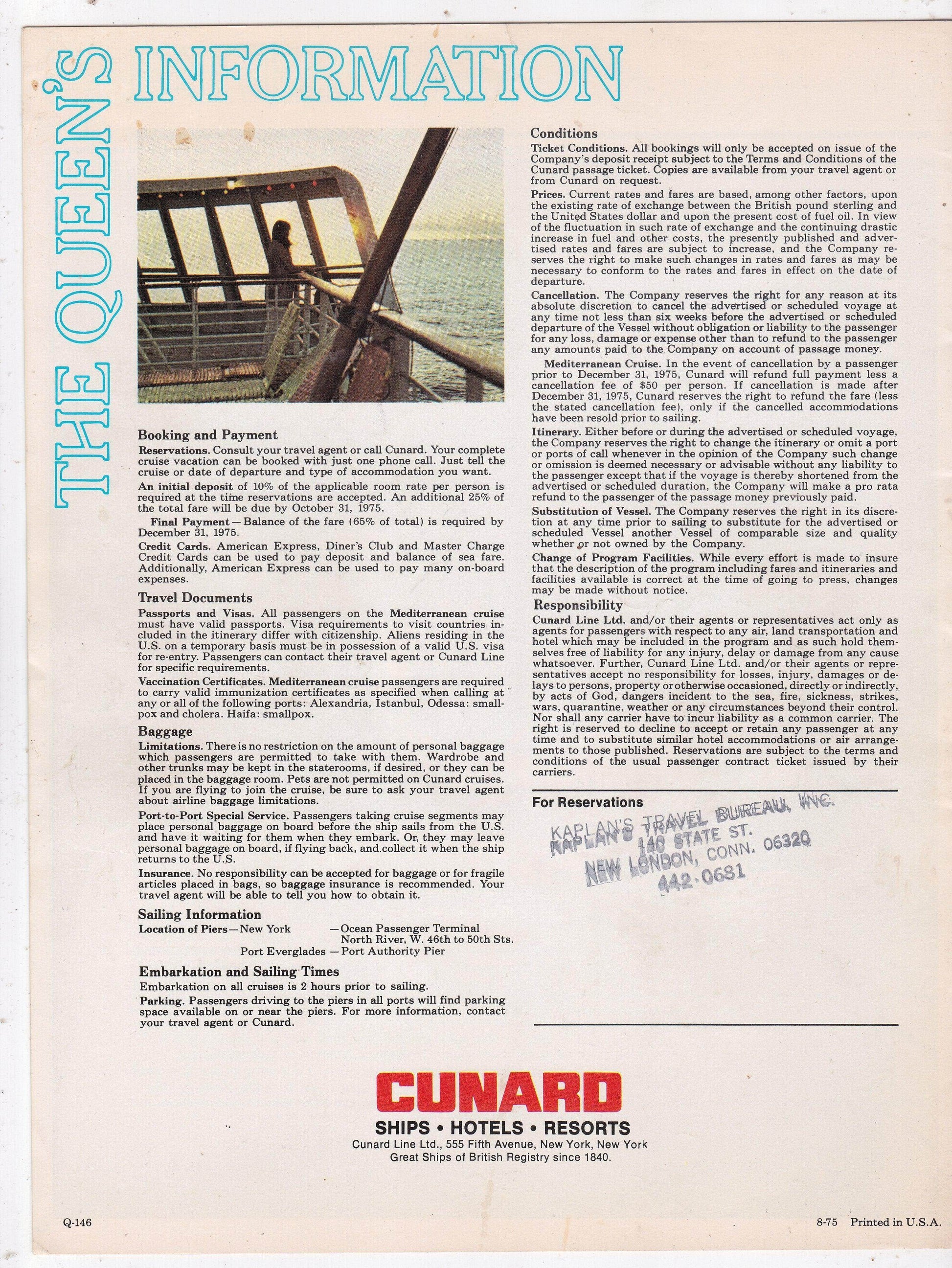 Cunard Line Queen Elizabeth 2 QE2 1976 Mediterranean Black Sea Brochure - TulipStuff