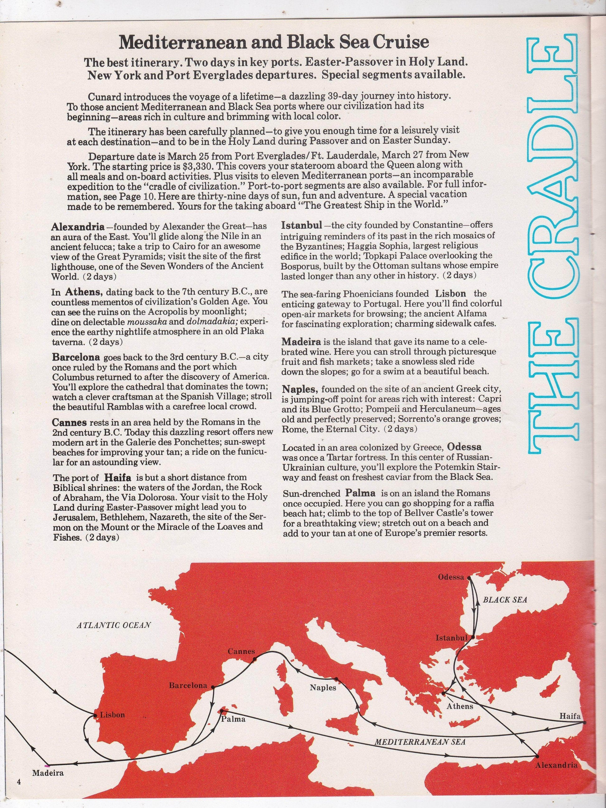 Cunard Line Queen Elizabeth 2 QE2 1976 Mediterranean Black Sea Brochure - TulipStuff