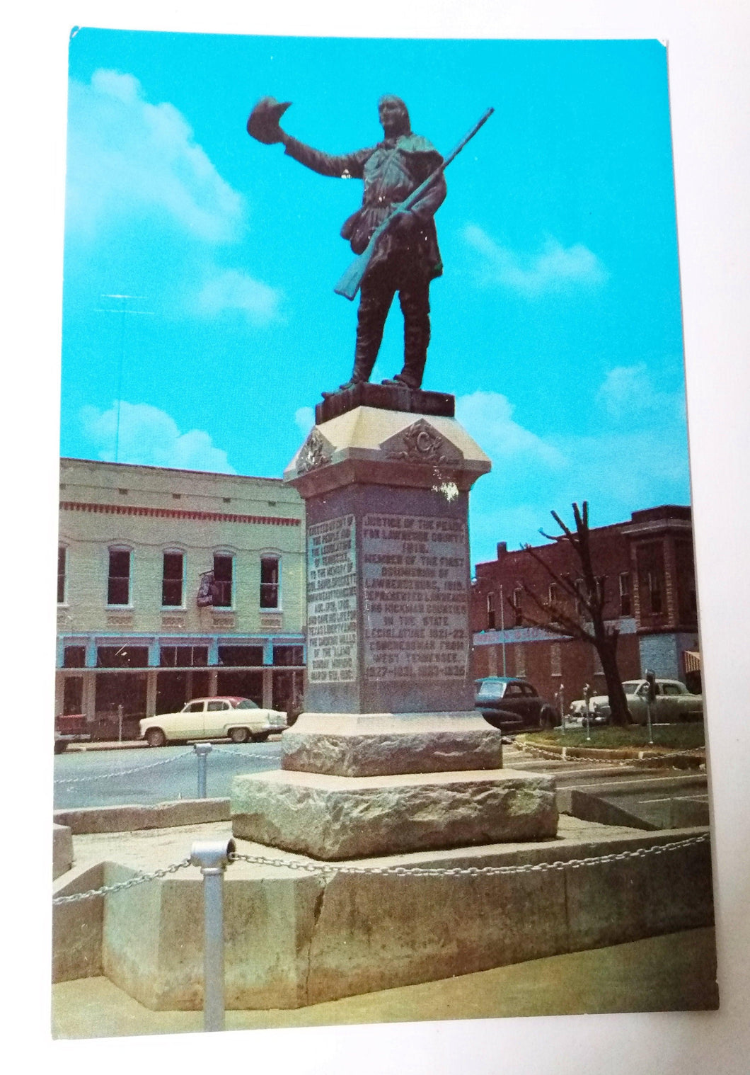 David Crockett Monument Lawrenceburg Tennessee 1950's Postcard - TulipStuff