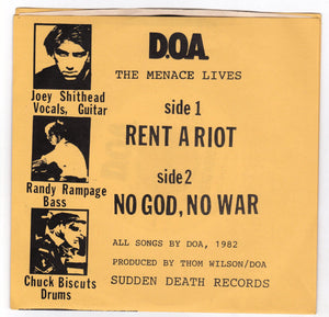 D.O.A. The Menace Lives 7" 45 RPM Vinyl Record Canadian Punk 1991 - TulipStuff