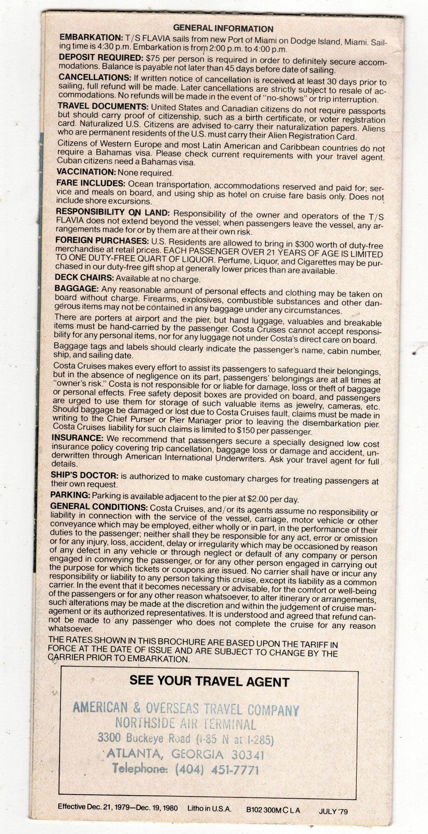 Costa Line ss Flavia 1979-80 Nassau Bahamas Cruise Ship Brochure - TulipStuff