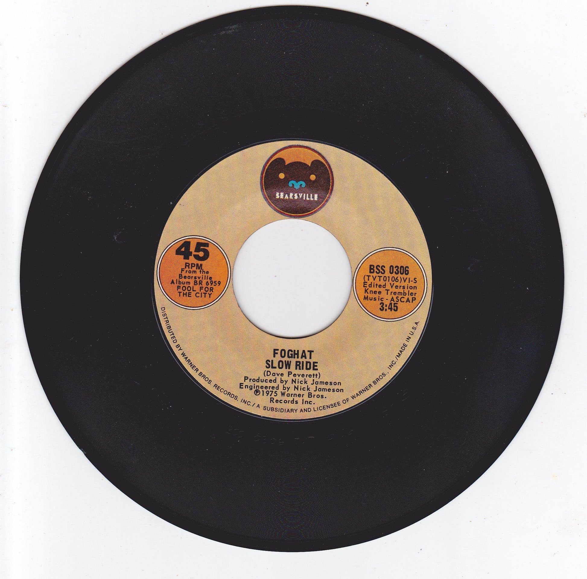 Foghat Slow Ride 7" Vinyl Record Bearsville BSS 0306 1975 - TulipStuff