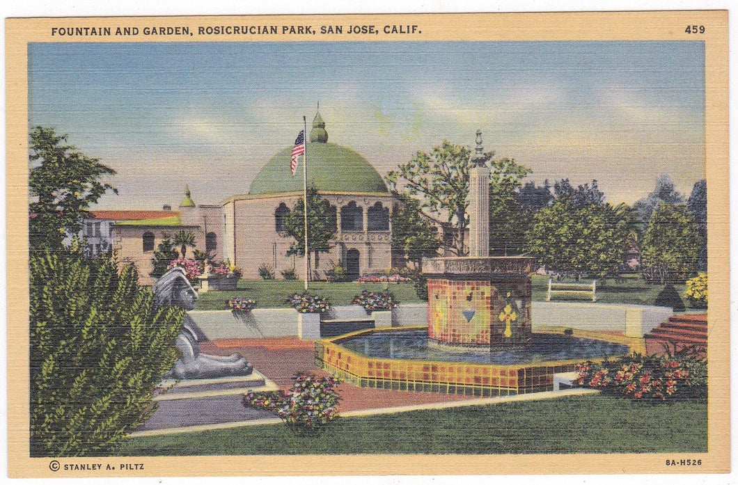 Fountain and Garden Rosicrucian Park San Jose CA 1940's - TulipStuff