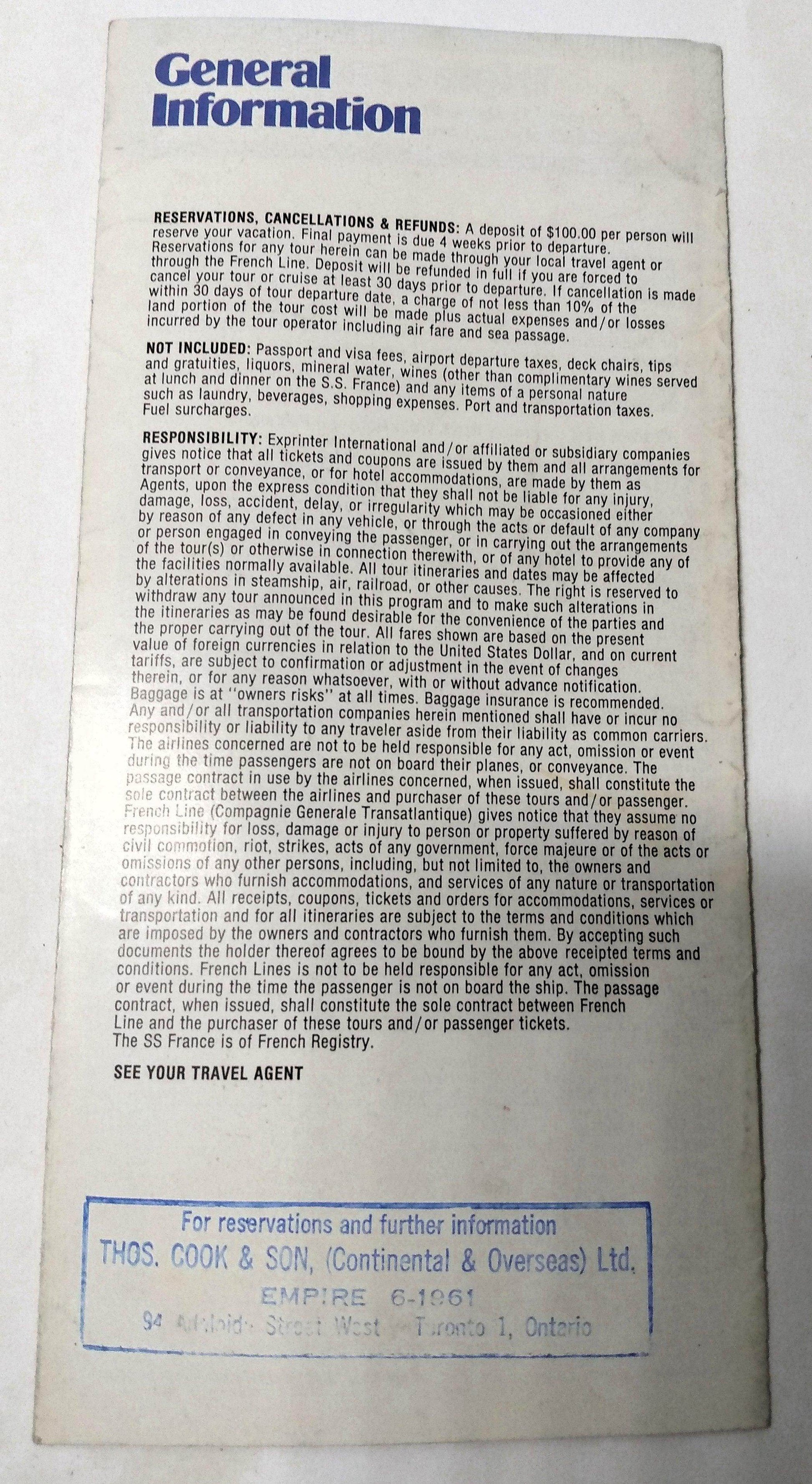 French Line ss France Great European Vacations 1974 Brochure - TulipStuff