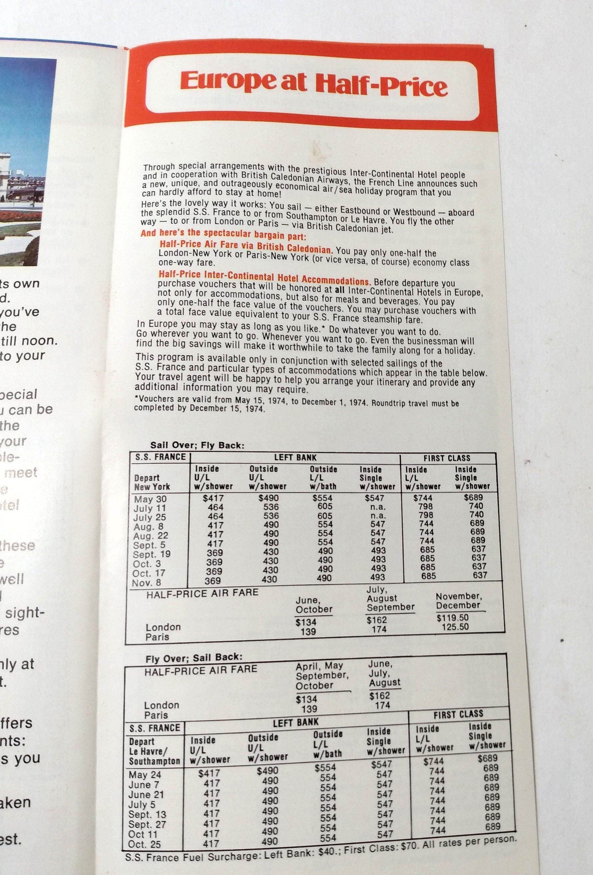 French Line ss France Great European Vacations 1974 Brochure - TulipStuff