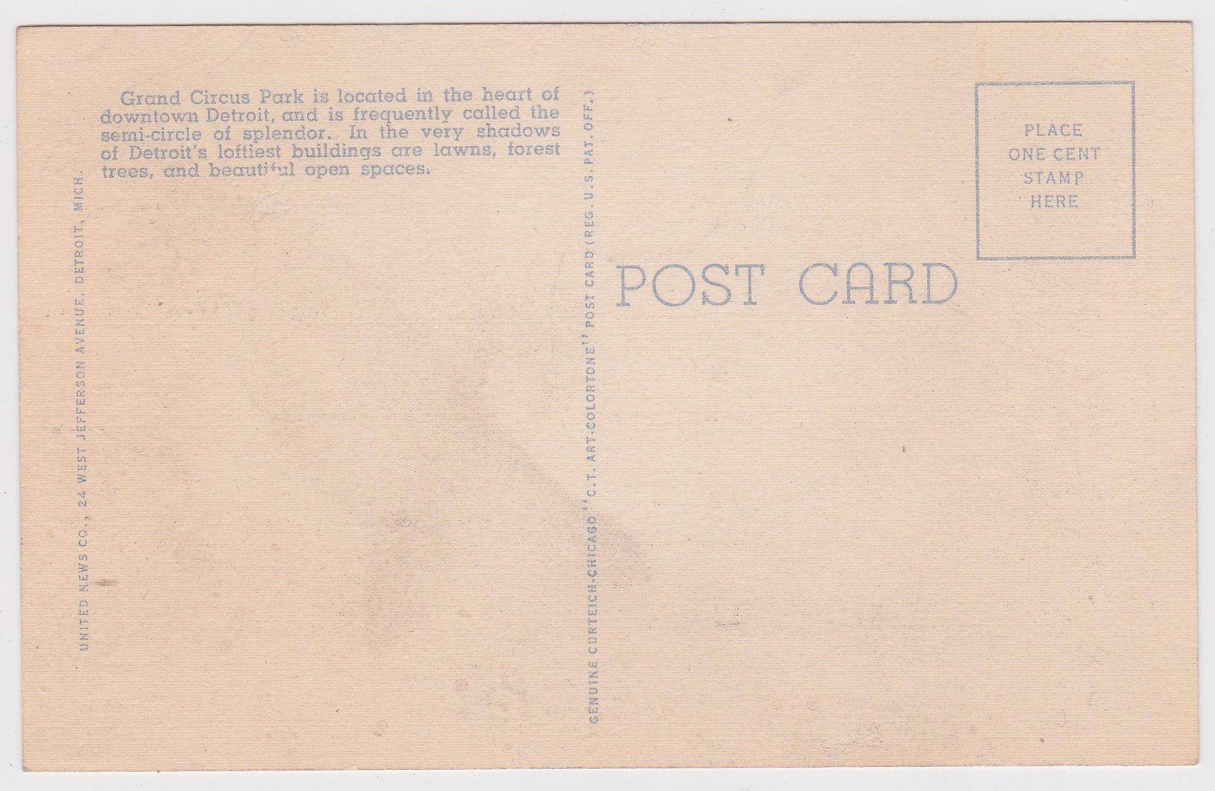 Grand Circus Park Downtown Detroit Michigan 1940's Linen Postcard - TulipStuff