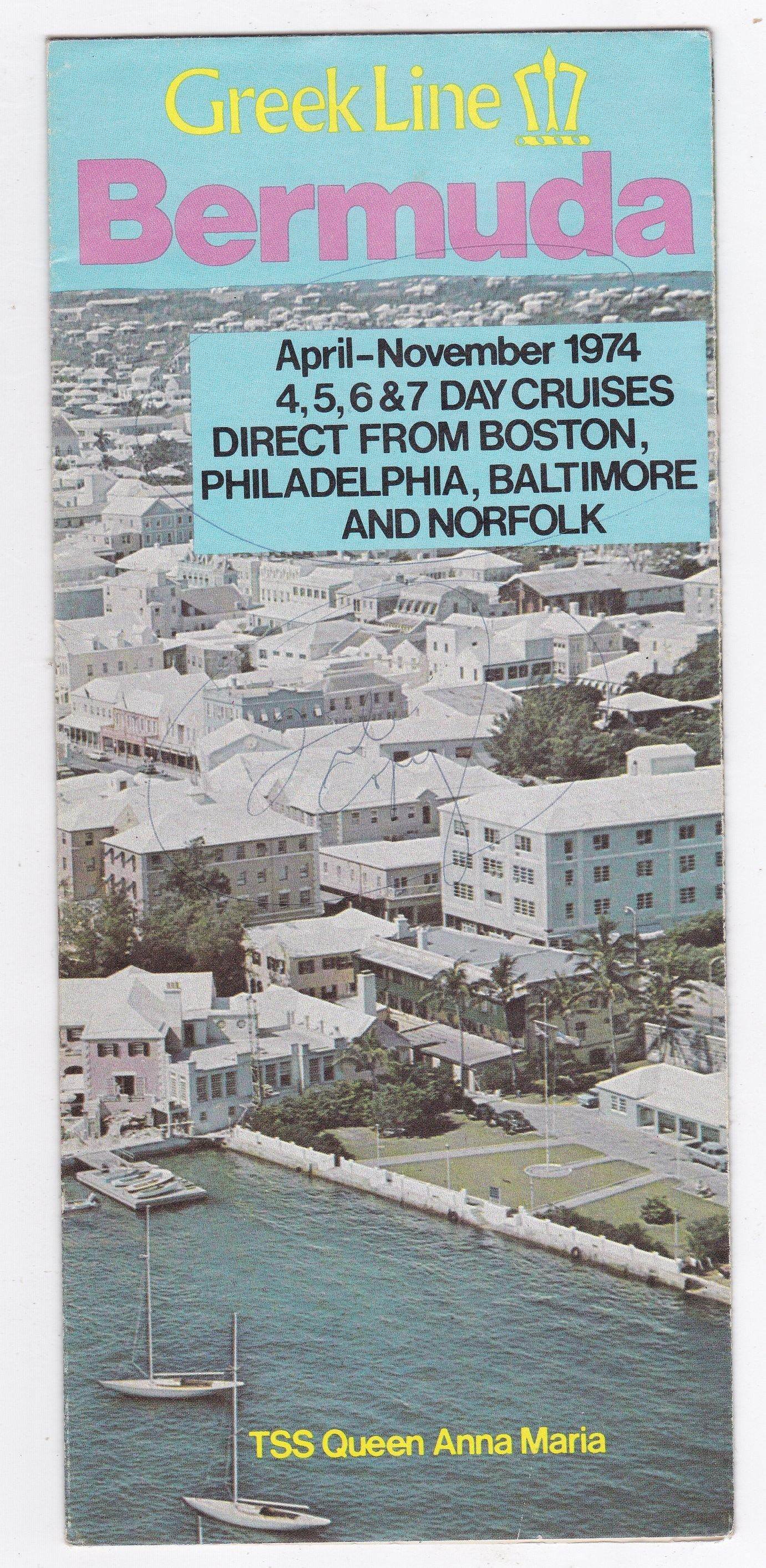 Greek Line TSS Queen Anna Maria 1974 Bermuda Cruises Brochure - TulipStuff