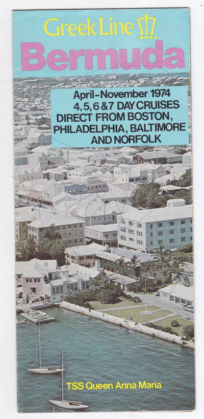 Greek Line TSS Queen Anna Maria 1974 Bermuda Cruises Brochure - TulipStuff