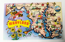 Load image into Gallery viewer, Greetings From Maryland 1970s Tourist Attractions Map Postcard - TulipStuff
