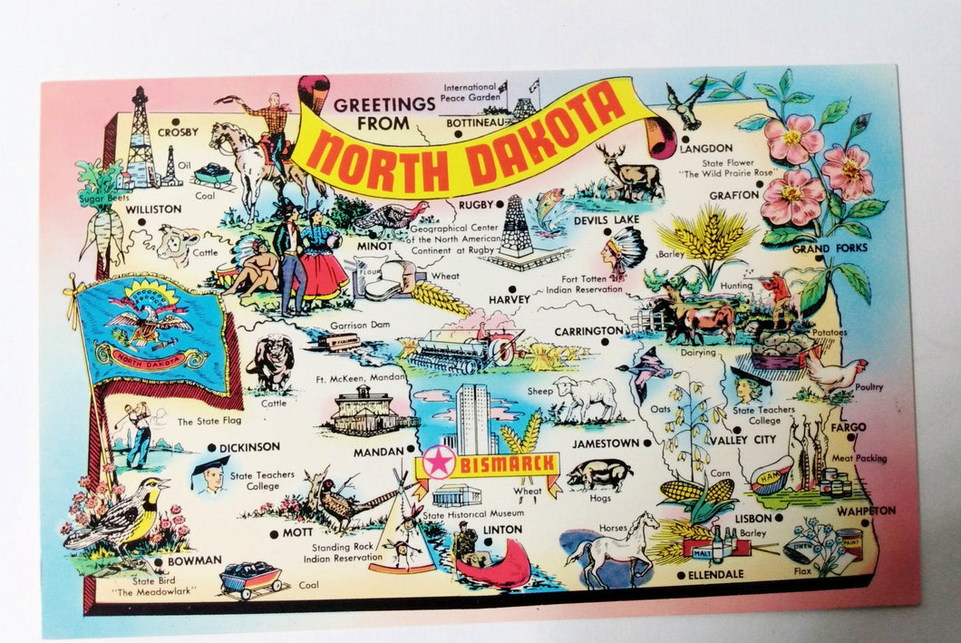Greetings From North Dakota 1980s Tourist Attractions Map Postcard - TulipStuff