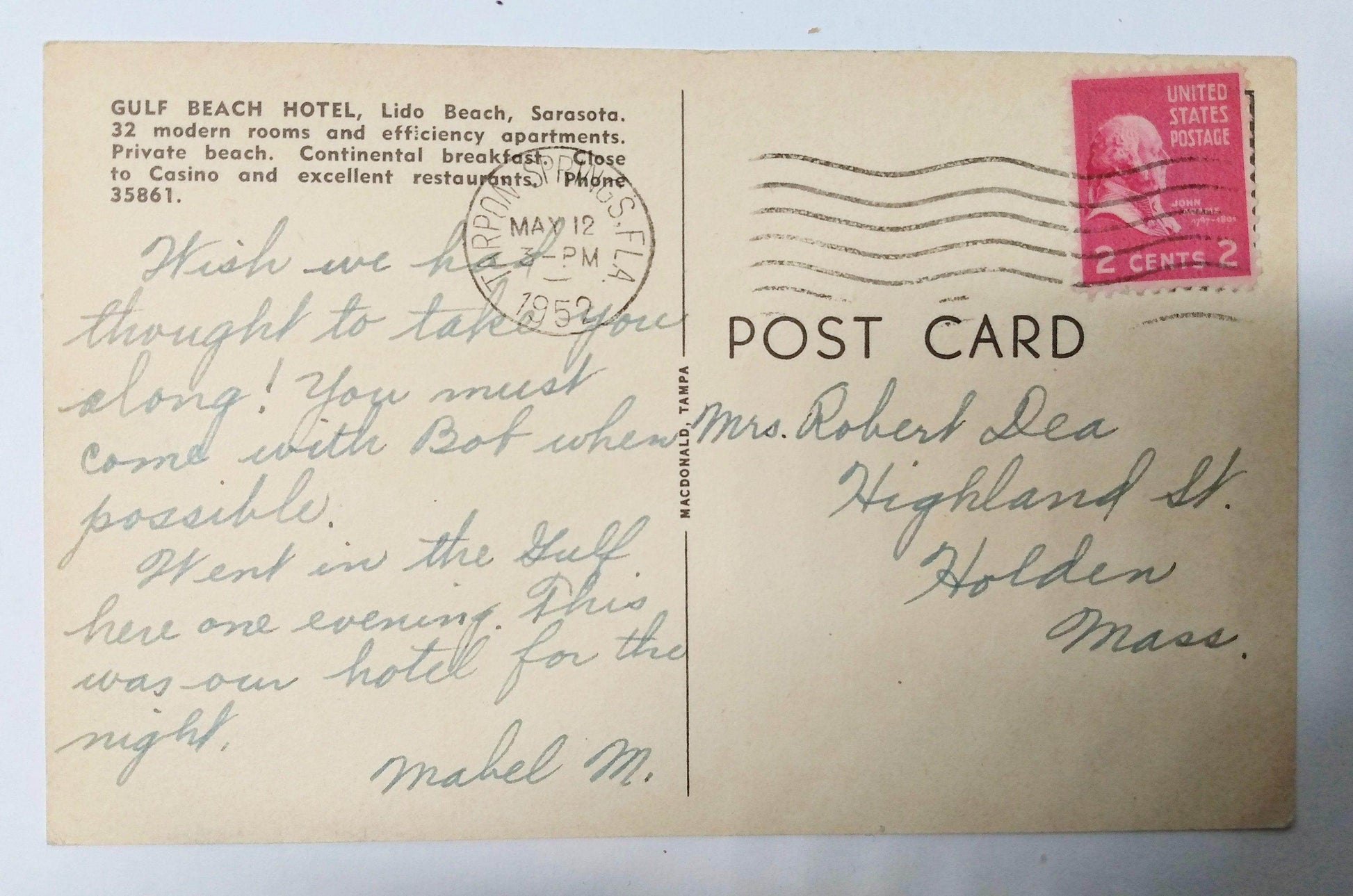 Gulf Beach Hotel Lido Beach Sarasota Florida 1952 - TulipStuff