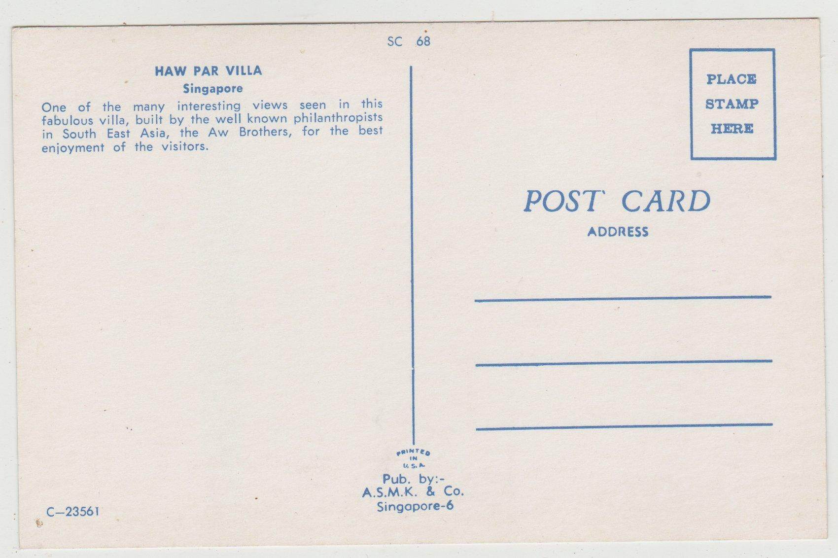 Haw Par Villa Singapore Late 1950's Early 1960's Postcard - TulipStuff