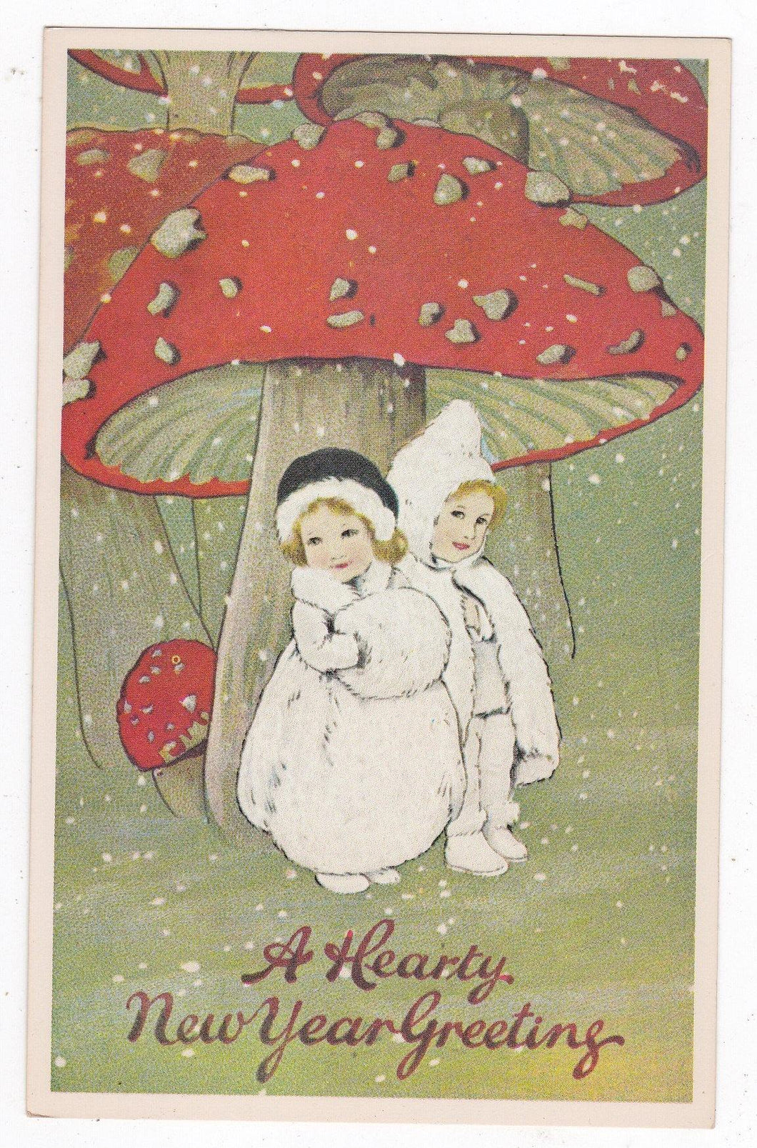 A Hearty New Year Greeting Kids Giant Mushrooms Postcard - TulipStuff