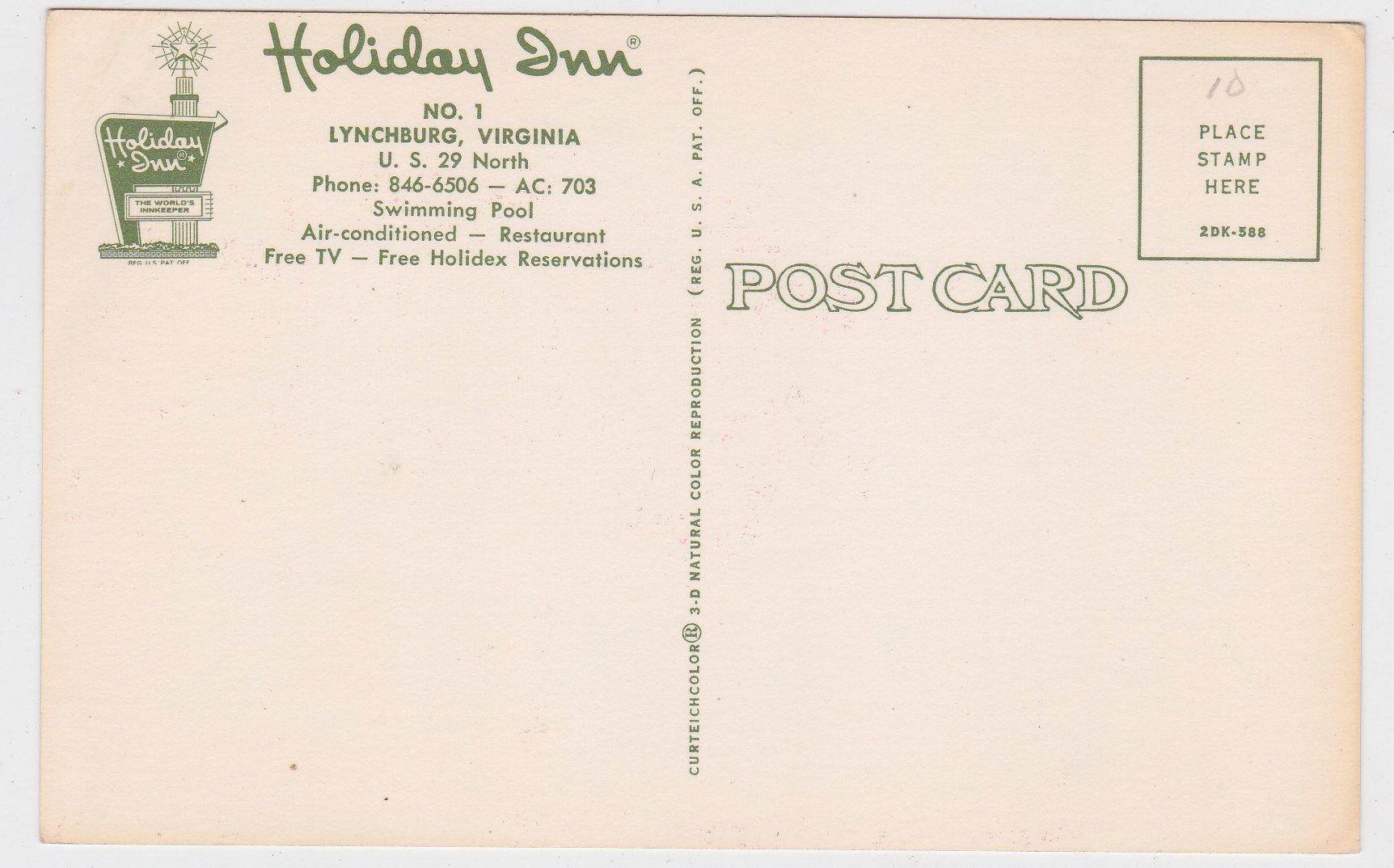 Holiday Inn Lynchburg Virginia US29 North 1960's Postcard - TulipStuff