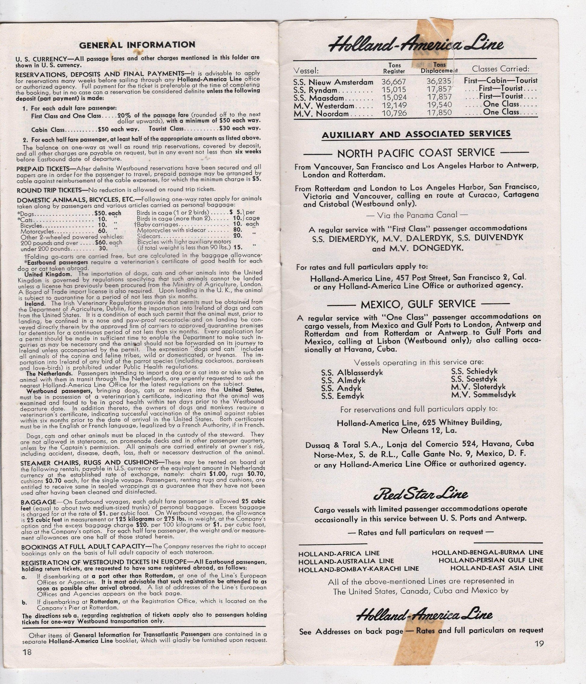 Holland America Line 1954 Transatlantic Passage Fares Brochure 5 Ships - TulipStuff