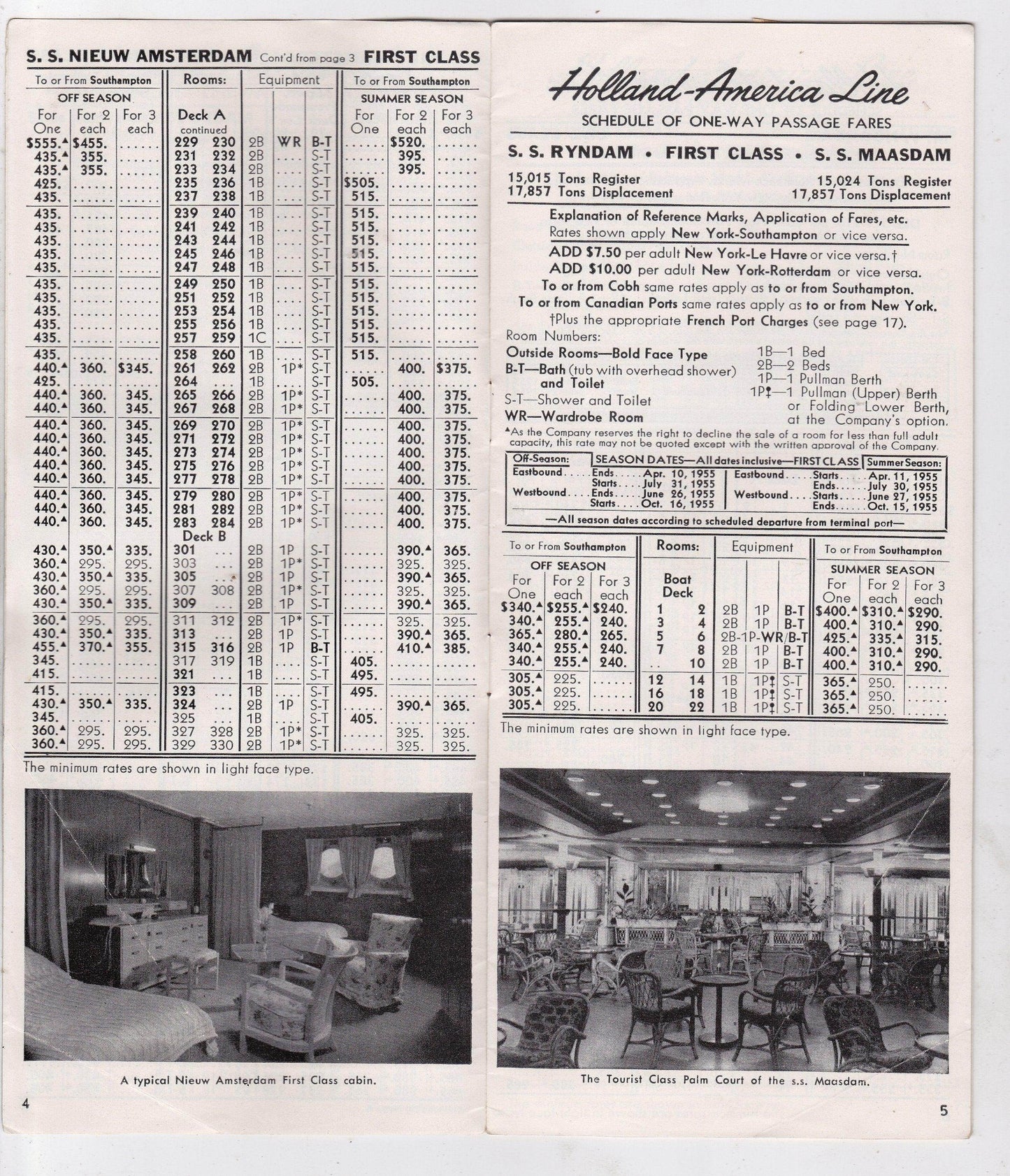 Holland America Line 1954 Transatlantic Passage Fares Brochure 5 Ships - TulipStuff