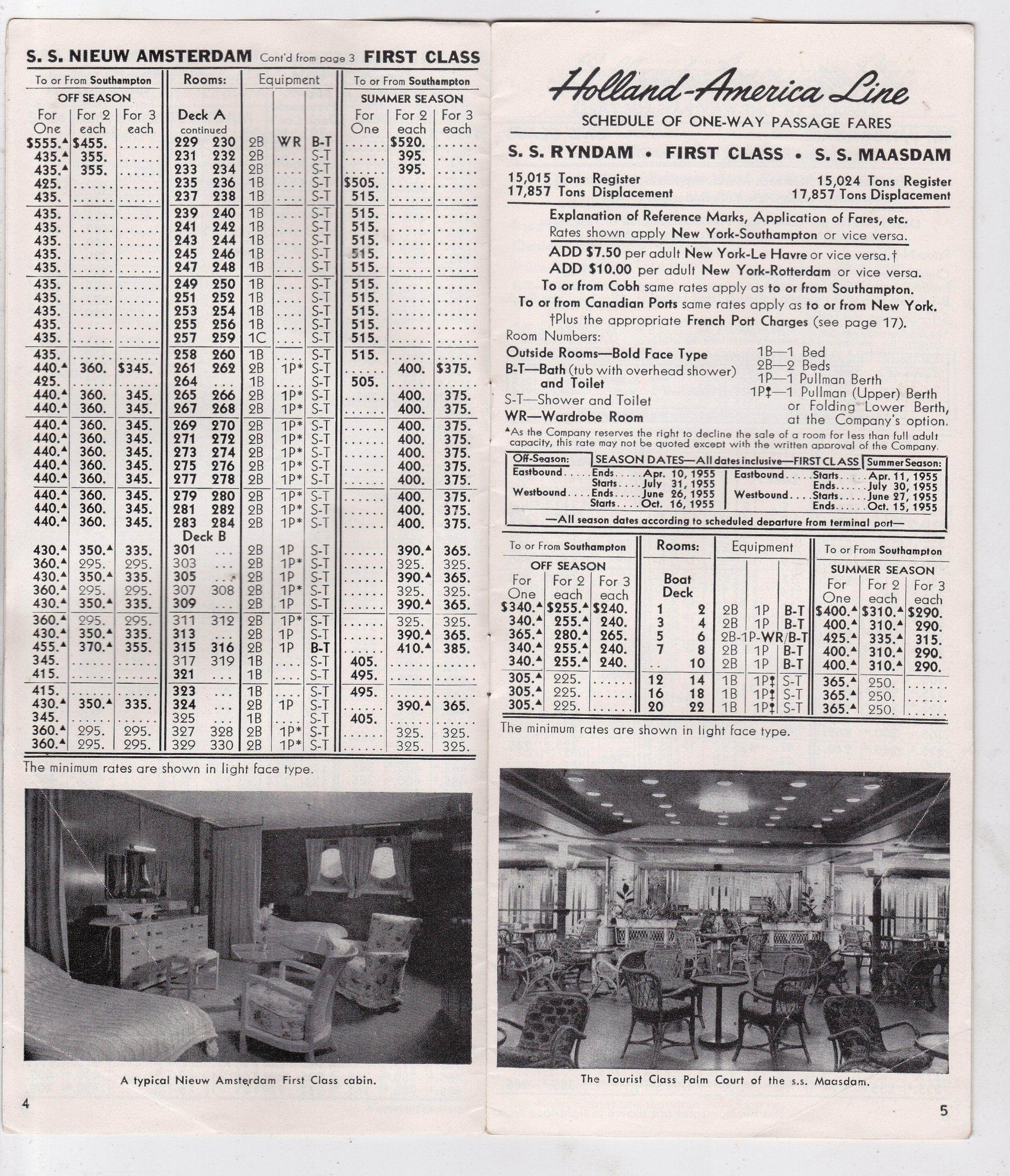 Holland America Line 1954 Transatlantic Passage Fares Brochure 5 Ships - TulipStuff