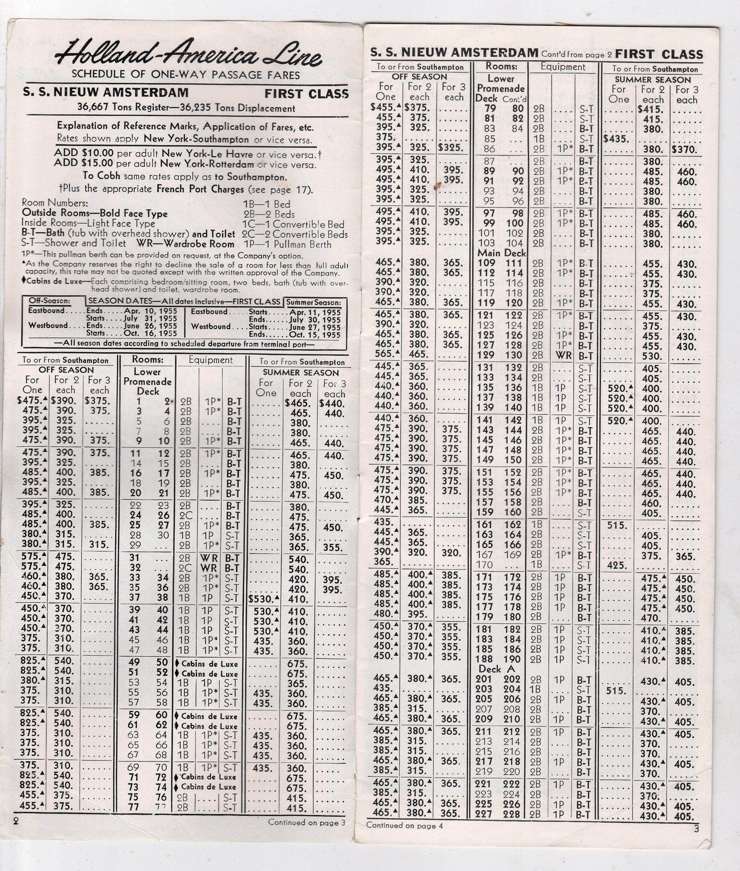 Holland America Line 1954 Transatlantic Passage Fares Brochure 5 Ships - TulipStuff
