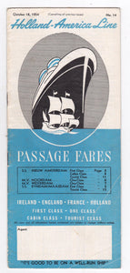 Holland America Line 1954 Transatlantic Passage Fares Brochure 5 Ships - TulipStuff