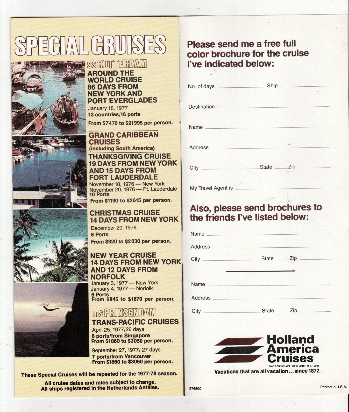 Holland America '76-77 Rotterdam Statendam Prinsendam Brochure - TulipStuff