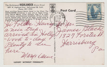 Load image into Gallery viewer, Hollywood Highlander Motor Hotel California Postcard 1958 - TulipStuff
